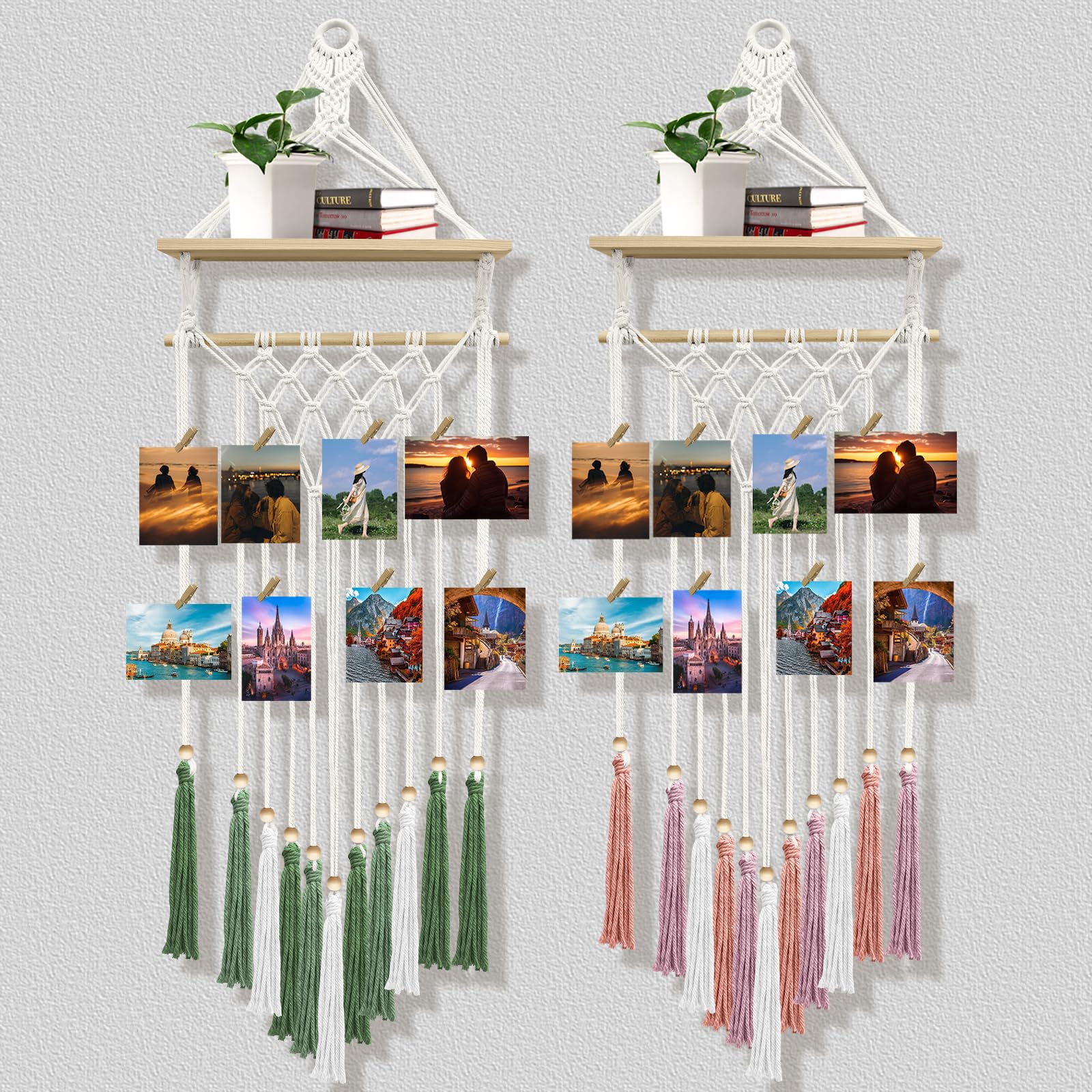 Makramee Wandbehang Bohemian Foto Display Halter mit Holzregal Quasten Dekorative LED Lichterketten Haken 20 Clips Boho Kunst Bild Karte Aufhänger Handgemachte Tapisserie Romantisches