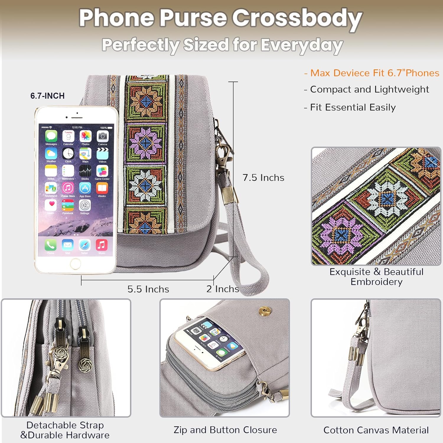Goodhan Embroidery Canvas Crossbody Bag Cell phone Pouch Coin Purse for Women - Image 4