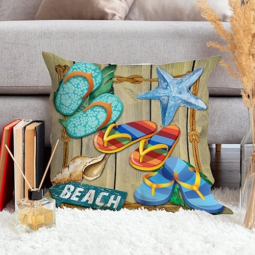 Miniatura 5 de Funda de cojín para sofá con temática oceánica, chanclas coloridas de lino blanco con estrellas de mar y playa, almohada tropical de playa hawaiana,