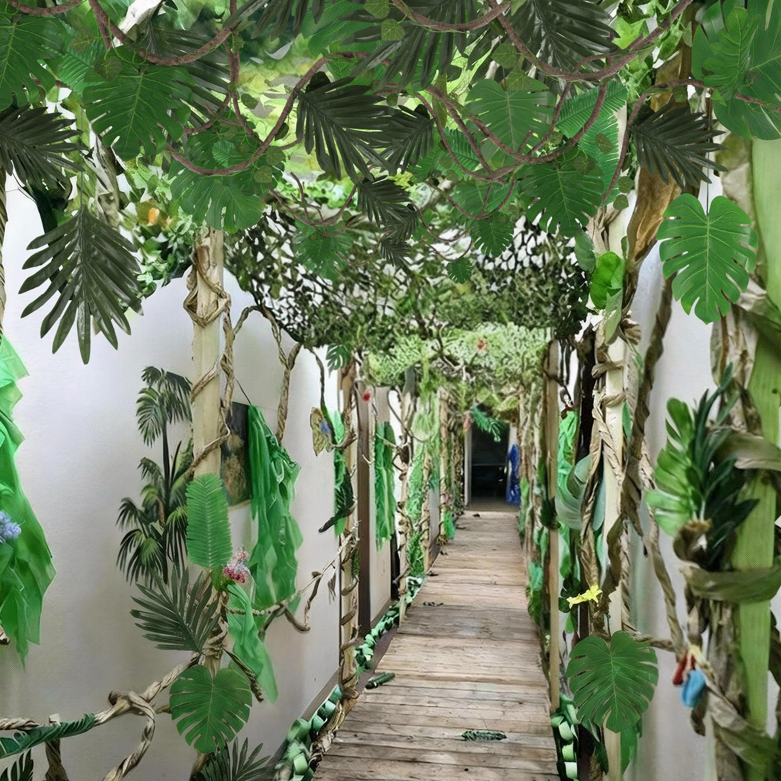 Bucherry Dinosaur Party Decorations Set 10x13ft Dino Netting with 20 Jungle Theme Leaves 2 Artificial Greenery Vines Garland for Dinosaur Birthday Decorations Camping Sunshade Outdoor Blind Decor