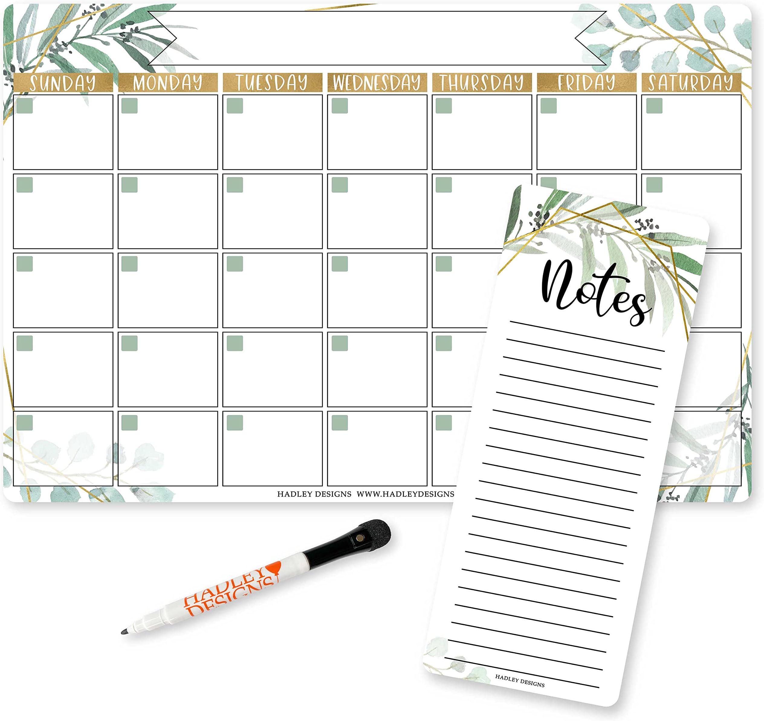 Hadley Designs Magnetic Dry Erase Calendar for Fridge, Greenery Magnetic Fridge Calendar for Refrigerator, White Board Calendar for Wall, Dry Erase Board Calendar, Magnetic Notepad
