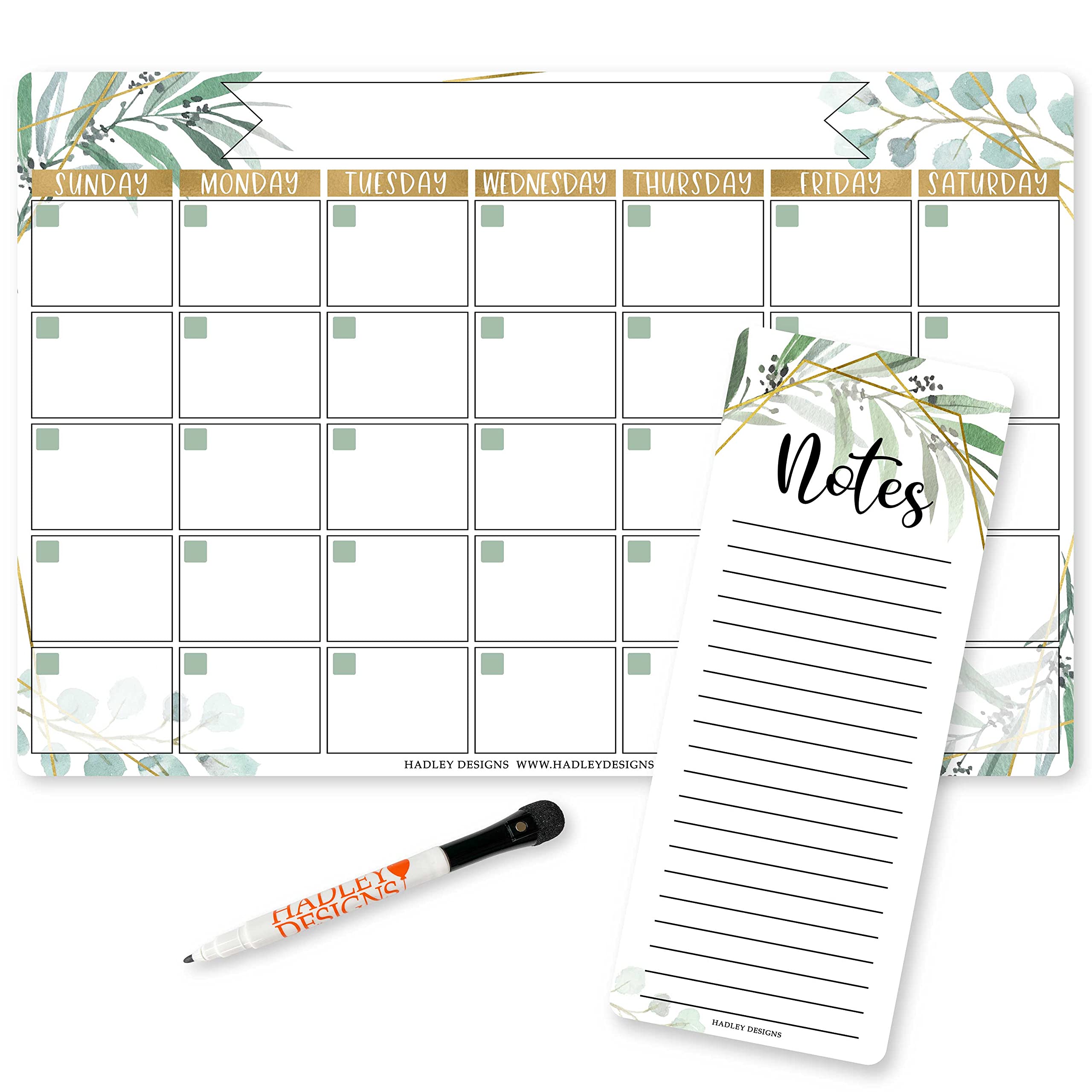 Hadley Designs Magnetic Dry Erase Calendar for Fridge, Greenery Magnetic Fridge Calendar for Refrigerator, White Board Calendar for Wall, Dry Erase Board Calendar, Magnetic Notepad