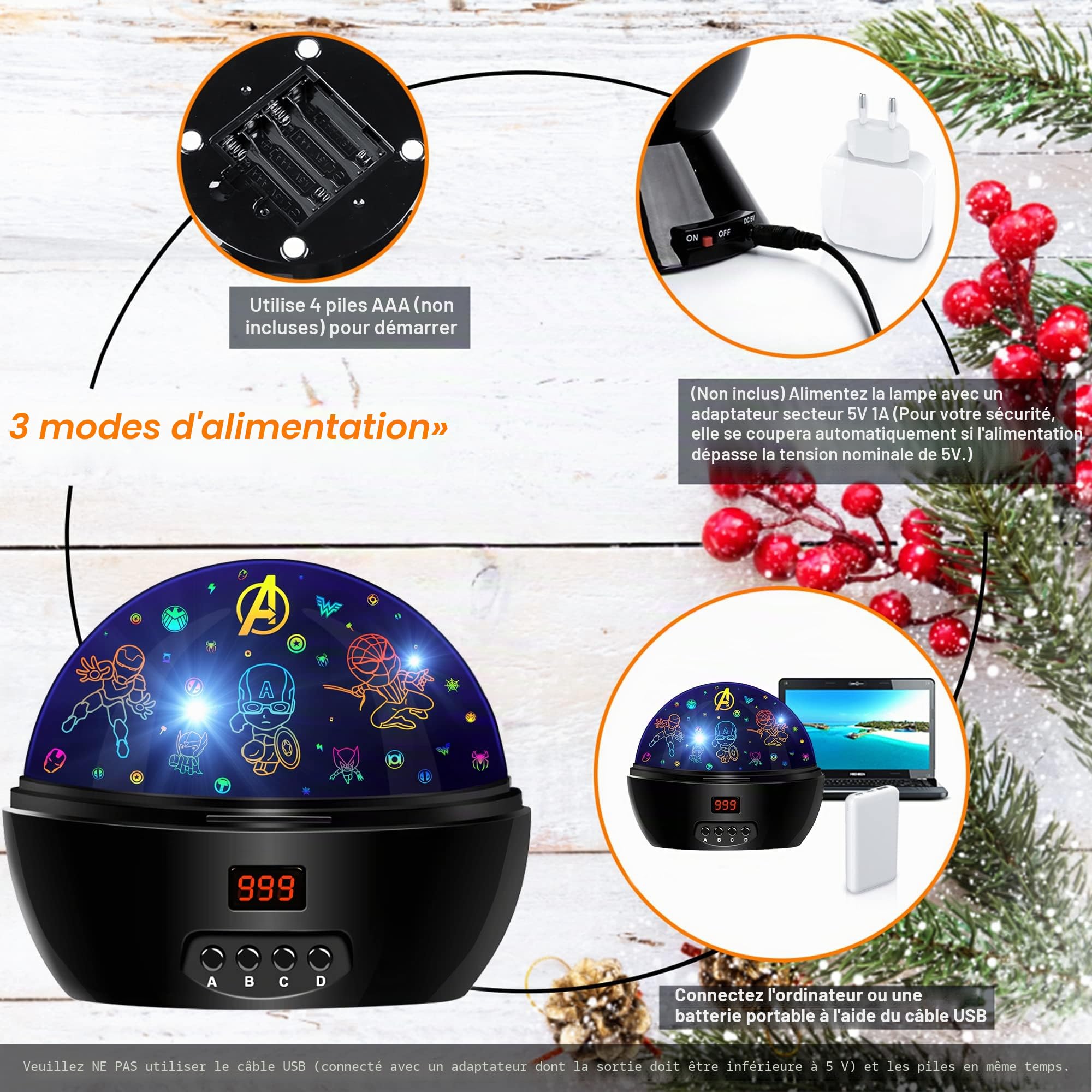 MOKOQI Projecteur de lumière Avengers - Veilleuse pour enfants 5-7 ans, minuterie, rotation 360°