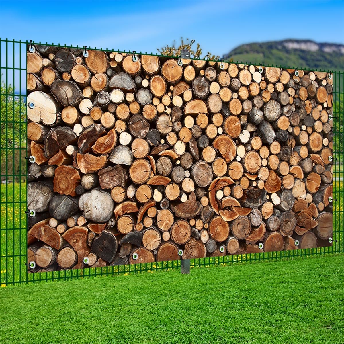 Garten-Banner Mit Holzstapel-Motiv – Sichtschutz & Deko Plane, 340x173 Cm, PVC Wetterfest
