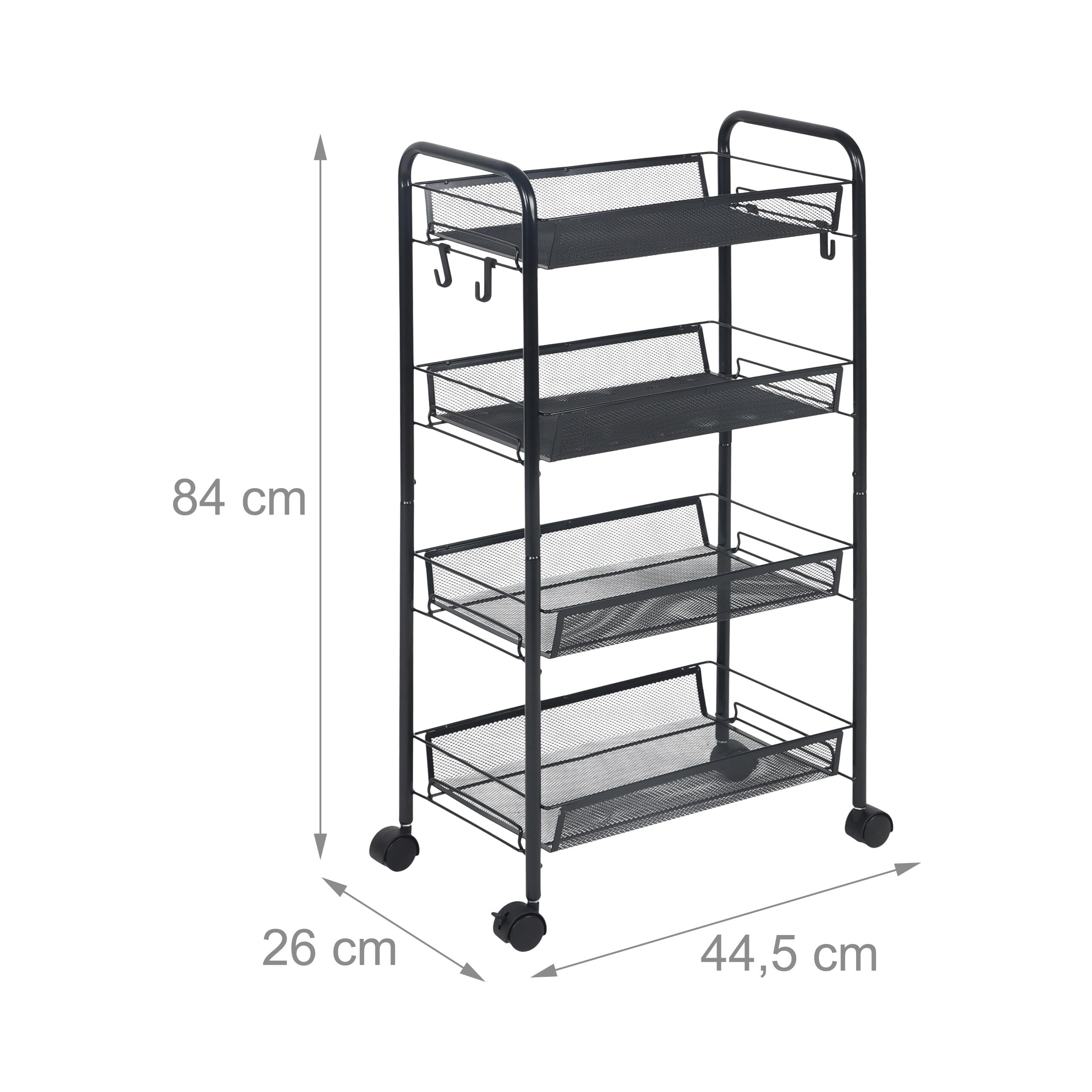 Chariot Relaxdays 4 étagères en Maille - desserte Cuisine/Salle de Bain/Bureau, 84×44,5×26 cm, métal Noir