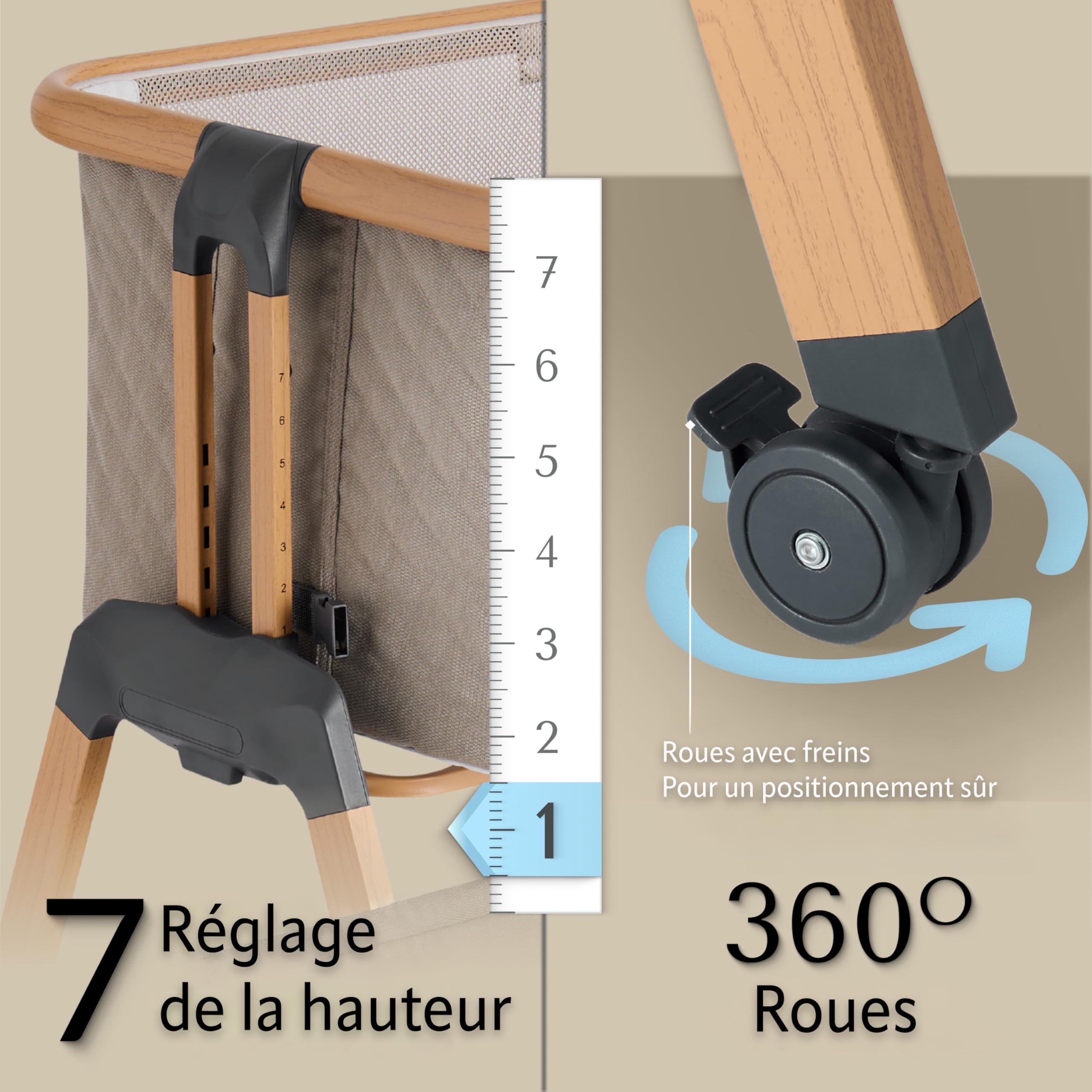 SnooBee Lit Bebe Berceau Cododo Bébé Réglable – Lit Co-Sleeper Nouveau-né avec Matelas, 7 Niveaux de Hauteur, Roulettes, Côtés en Mesh Respirant, Pliable avec Sac de Transport, 0–6 Mois