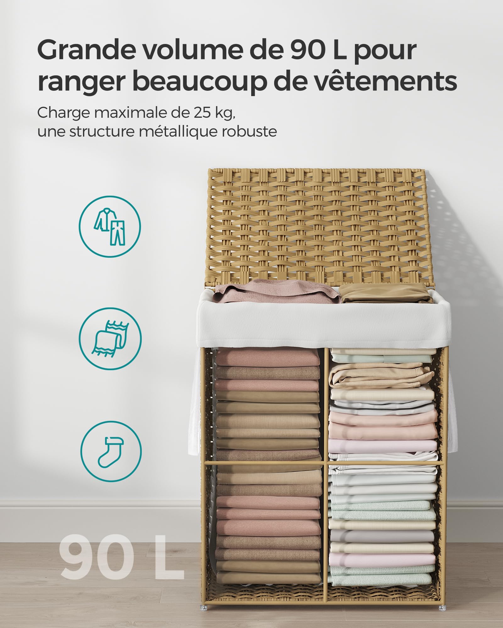 SONGMICS Panier de Rangement, Corbeille Linge Sale 90L avec Couvercle, Pliable, Sac en Tissu Amovibles et Poignées, pour Couvertures, Vêtements, Salon, Chambre, Buanderie, Couleur Boisée LCB51NL