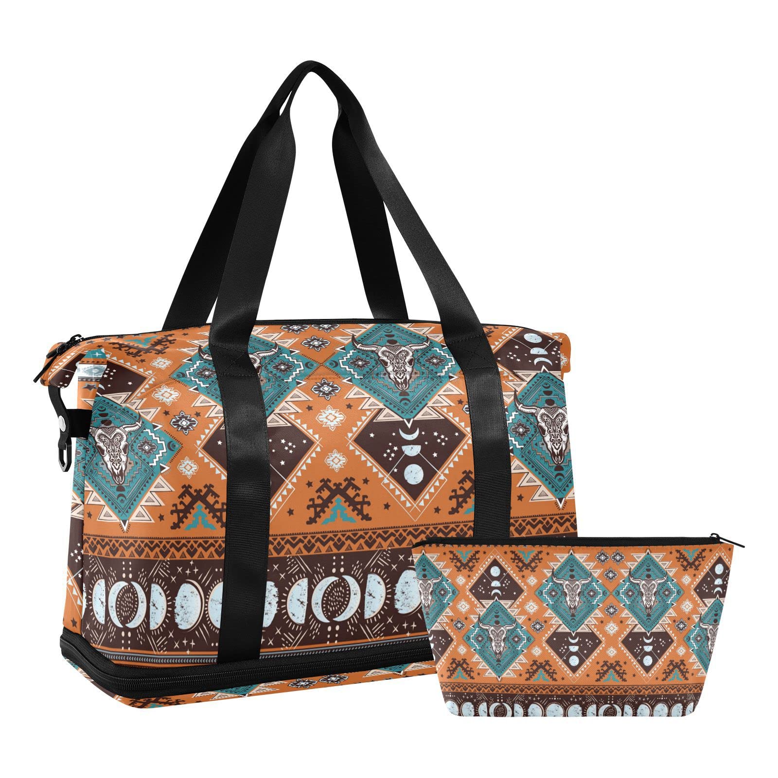 ALAZA Indian Tribal Aztec Geometric Skulls Gym Bag Sports Duffel Bag with Shoes Compartment, Overnight Weekender Travel Tote Bag for Women Men Trip