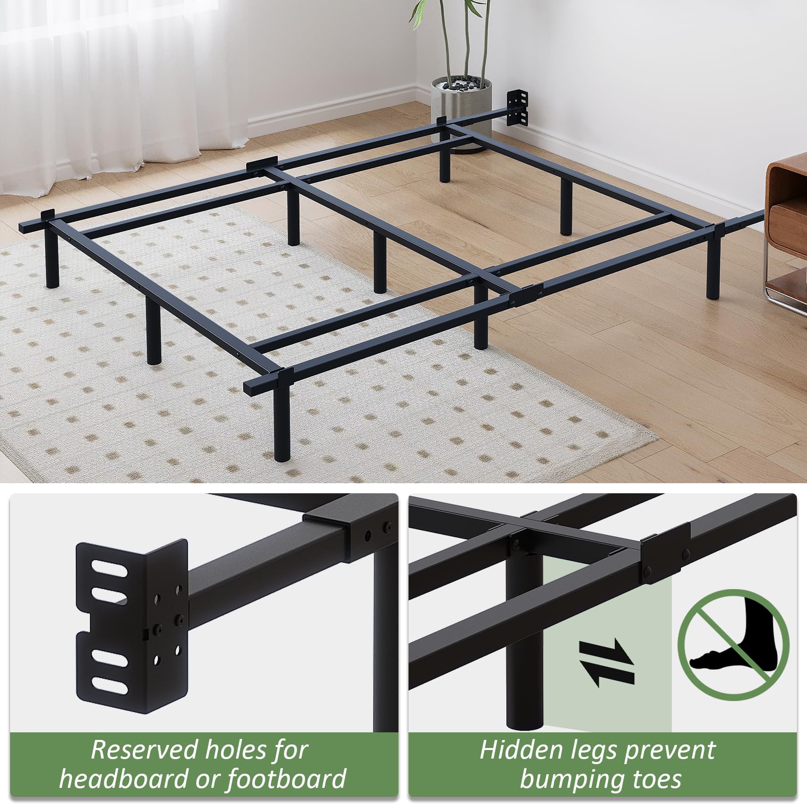 Marco de cama de metal Queen de 7 pulgadas, base de cama de plataforma baja y resistente, tamaño Queen para somier y colchón, fácil montaje, sin ruido, ajustable, color negro 4