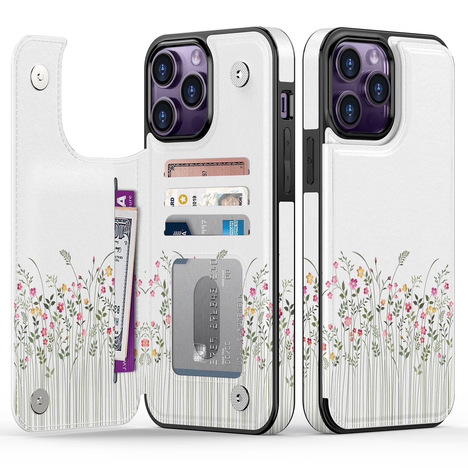 Goodon for iPhone 14 Pro Max Case Wallet - Flip Folio Leather Cover with Trendy Floral Design, 4 Card Slots & Kickstand Function, Protective Phone