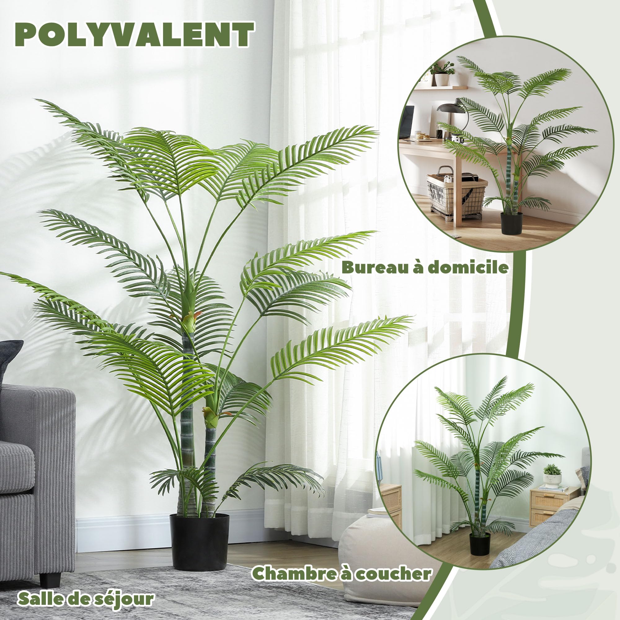 HOMCOM Plante Artificielle Intérieure 170 cm Palmier Pot Plastique Vert | avec Flocage, Arbre Artificiel 16 Feuilles en PEVA, Fausse Plante Décoration Maison Bureau Salon Chambre