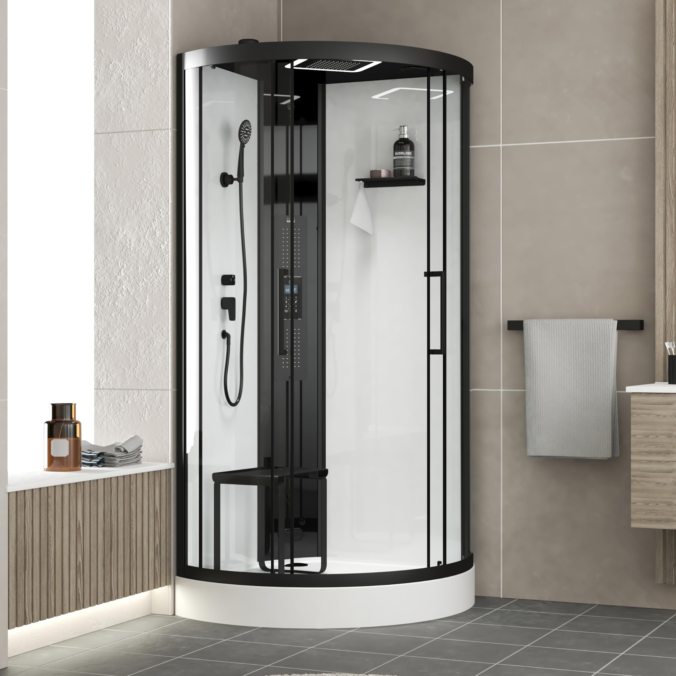 Marwell Cabina de ducha de vapor Spa Round 95 x 95 x 218 cm, juego completo con bañera acrílica y grifo, con ducha de lluvia LED, radio y altavoz Bluetooth