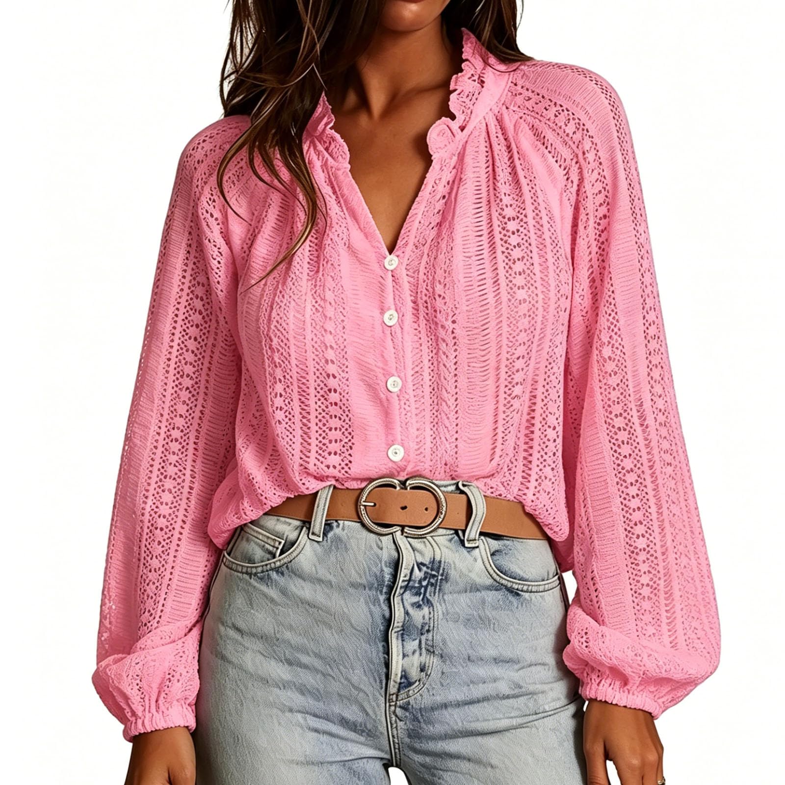 Top Estivo Casual in Maglia Traforata con Bottoni: Blusa Elegante con Scollo a V, Dettagli all'Uncinetto e Maniche Lunghe a Lanterna