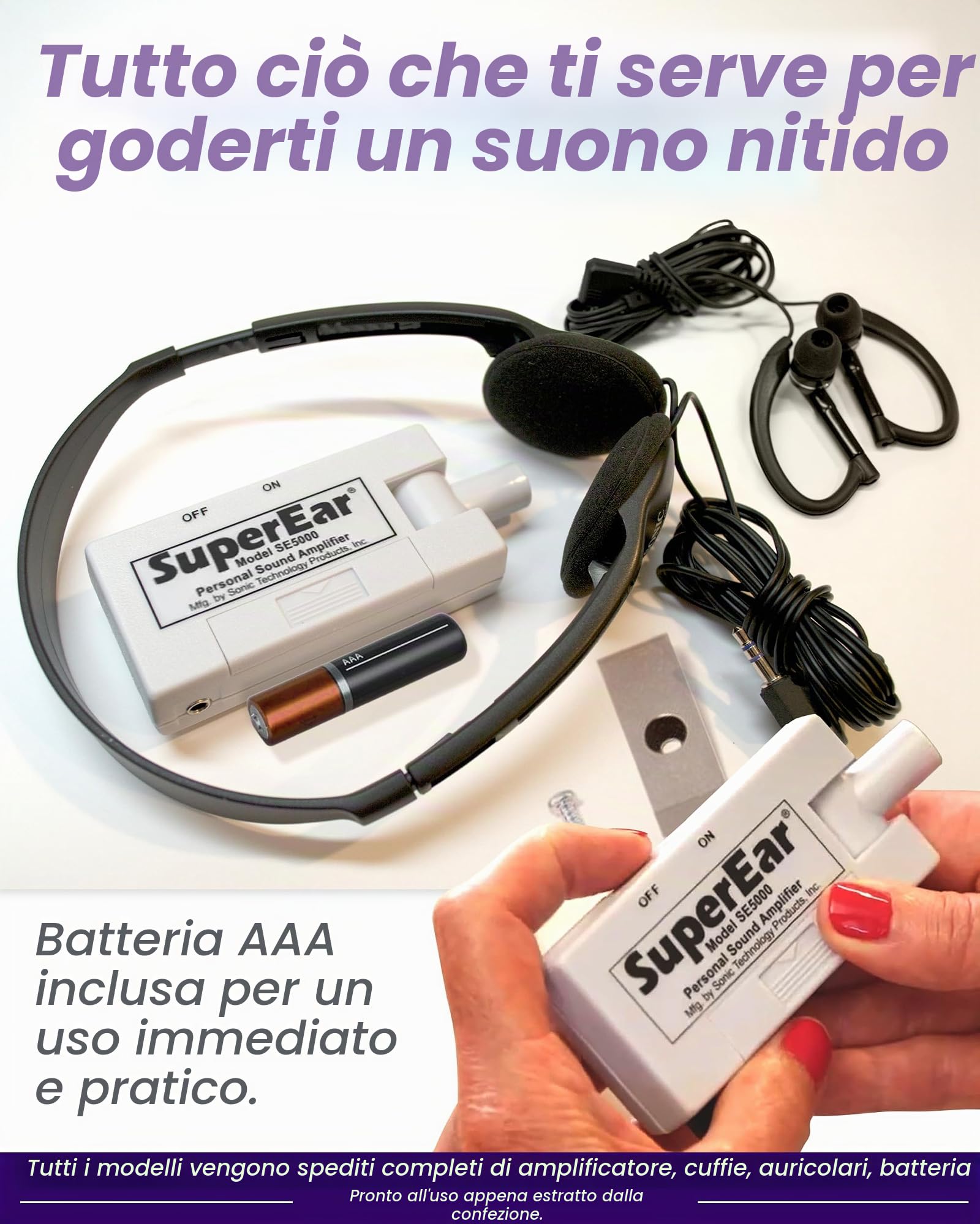 Amplificatore audio personale SuperEar modello SE5000 (PSAP), guadagno 50 dB, amplificatore audio tascabile portatile con cuffie, auricolari, controllo volume tattile on/off