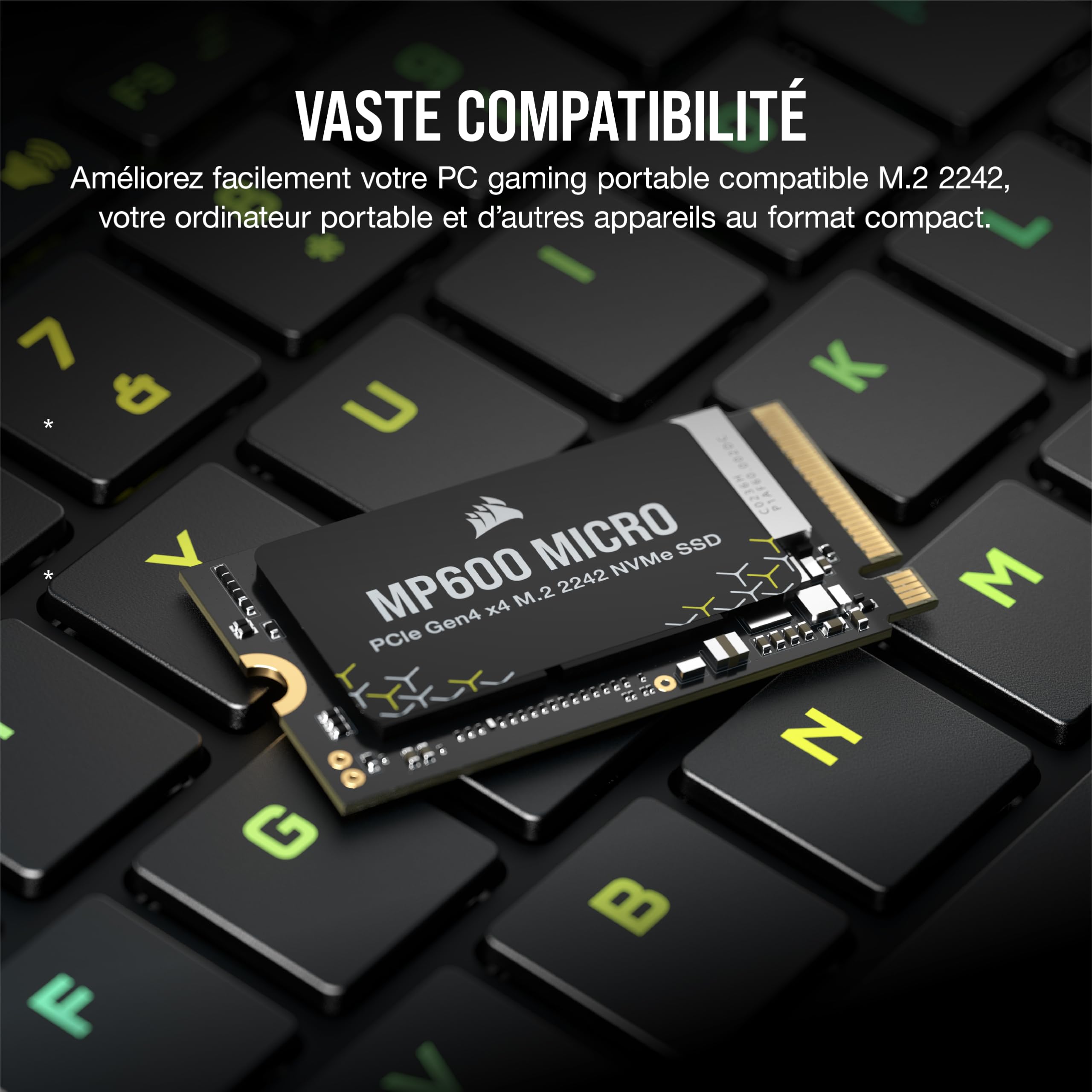 Corsair MP600 Micro 2 to M.2 NVMe PCIe x4 Gen4 SSD – M.2 2242 – Jusqu'à 7 000 Mo/s en Lecture Séquentielle – Compatible avec Les Ordinateurs Portables Lenovo Legion Go et Thin PCIe 4.0 – Noir