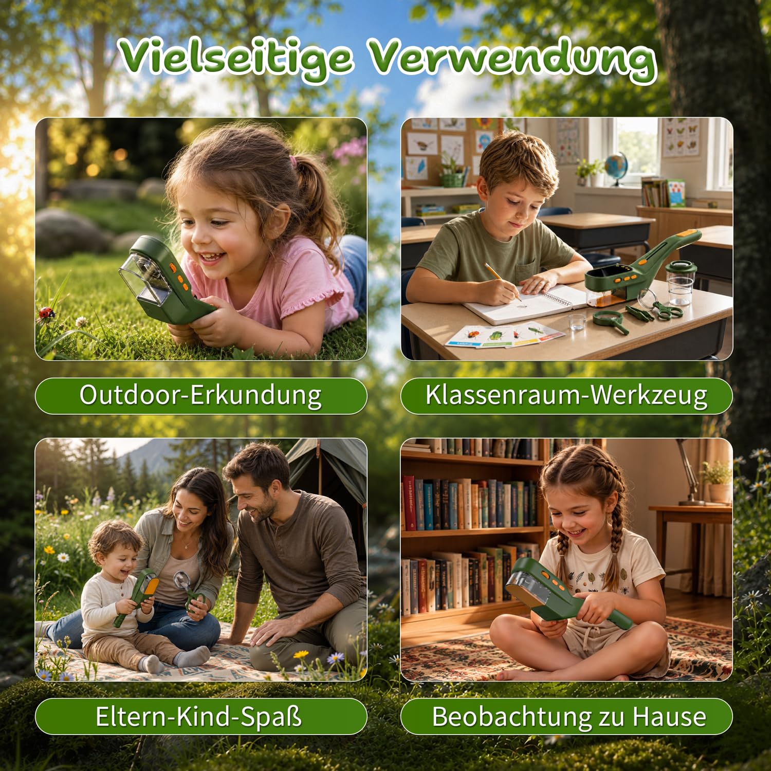 3-in-1 Insektenfänger Kinder, Mikroskop 500X IPS 2,4" 1080P STEM | 4 Helligkeitsstufen, 1000-mAh-Akku, Foto & Video, Outdoor-Forschungsspielzeug, Geschenk für Kinder ab 3 Jahren