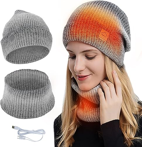 Conjunto de gorro y bufanda con calefacción USB gorro de punto para hombres y mujeres gorro de punto suave con forro de invierno cálido gorro de