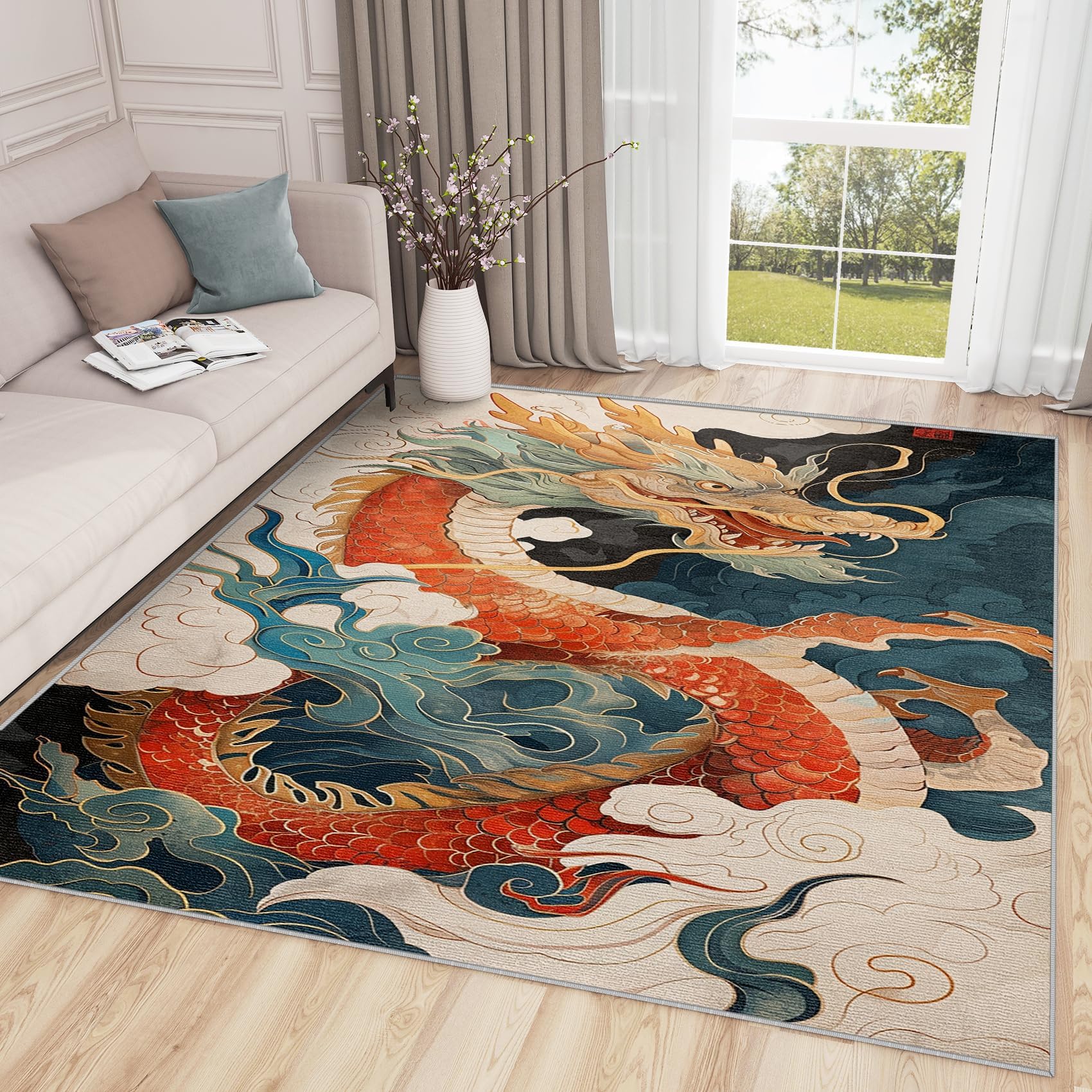 Dywaniki z chińskim smokiem do sypialni 210 x 300 cm japońska pomyślna chmura akwarela zwierzę obszar dywan do salonu, zmywalny, antypoślizgowy miękki dywan do pokoju dziecięcego, wejścia