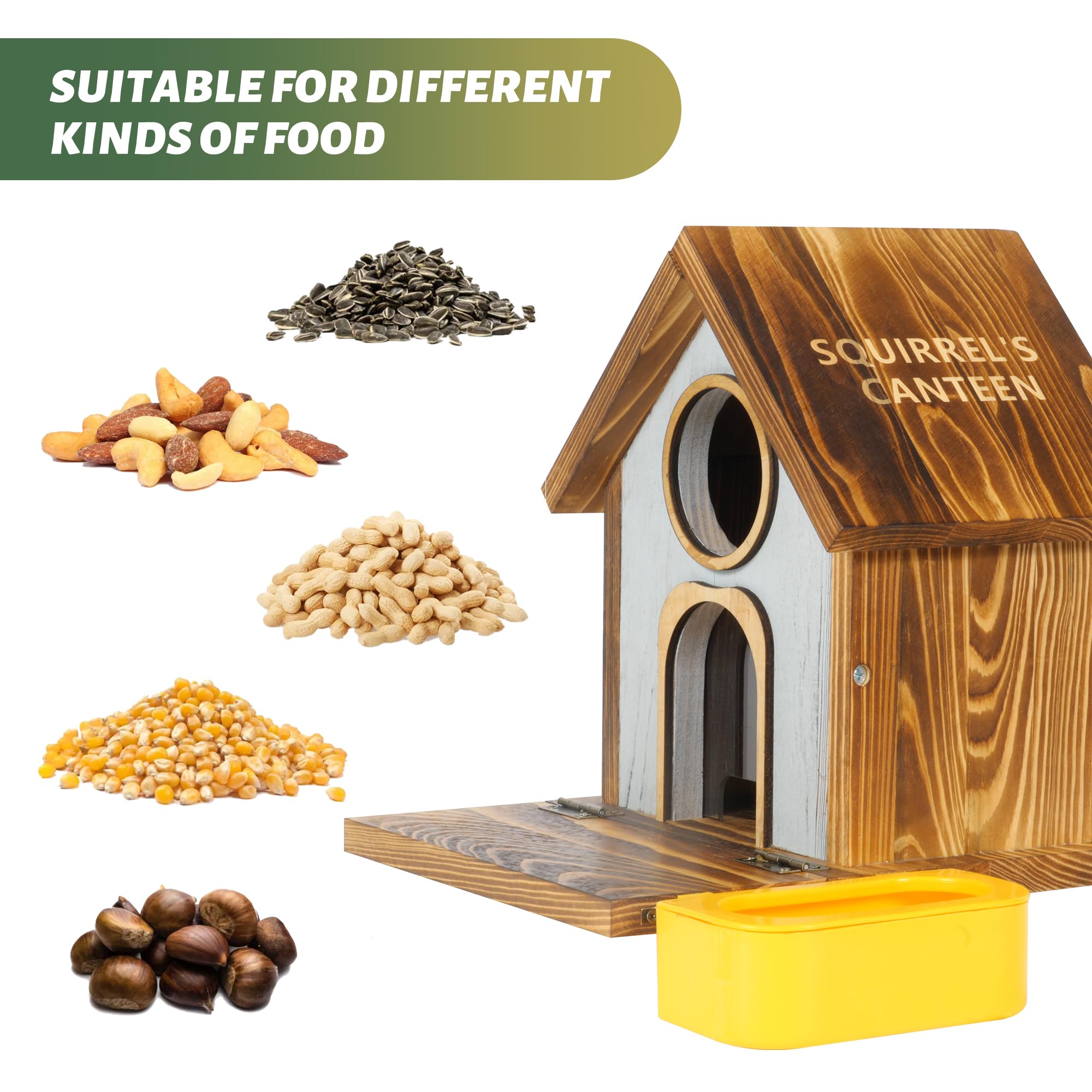 MIXXIDEA Mangiatoia per scoiattoli in legno con ciotola d'acqua, grande capacità, per esterni, costruzione robusta, nessun montaggio, bella mangiatoia per scoiattoli per mais, arachidi, noci, castagne
