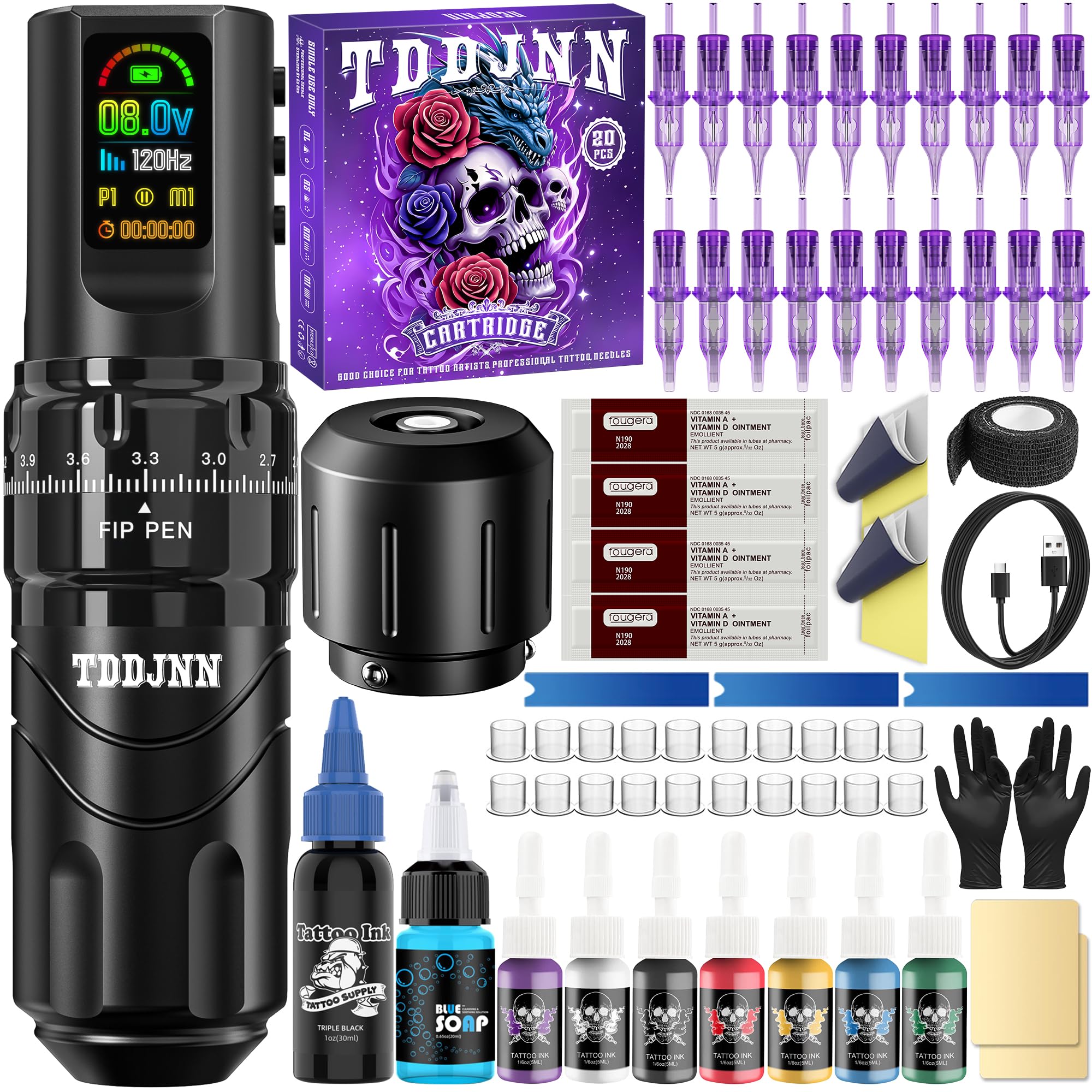 Wireless Rotary Tattoo Pen Kit with Ink and Needles, 1800mAh