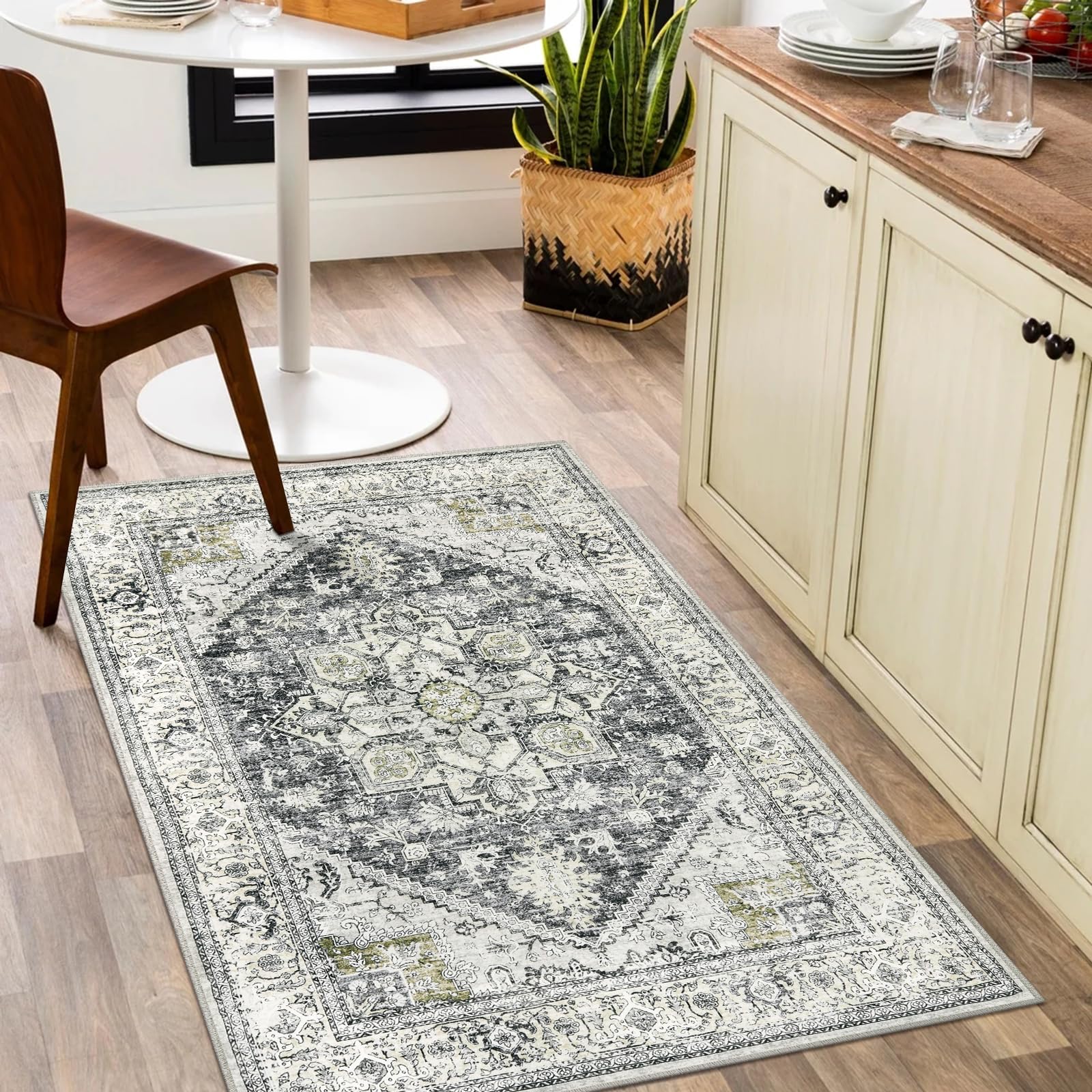 LIVEBOX Washable Area Rug 3x5 - Boho Non-Slip Indoor Rug for Kitchen Entryway, Low-Pile Front Door Mat Print Distressed Accent Throw Rug for Bedroom Entry Foyer Laundry Room,Grey/Green