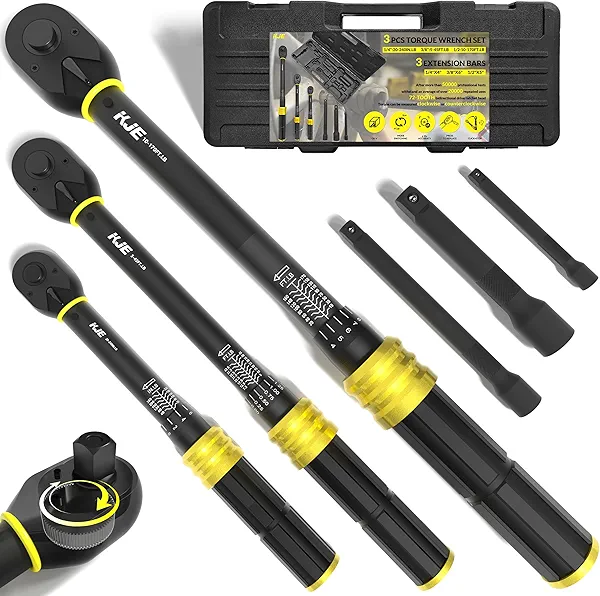 KJE 3PCS Torque Wrench Set, 1/4 & 3/8 & 1/2-Inch Drive 72-Tooth Adjustable Click Torque Wrenches(Maximum 170 ft.lb), Dual-Scales/Direction, ±3% Accuracy, For Bike, Motorcycle, Car, Lug nut, Automotive