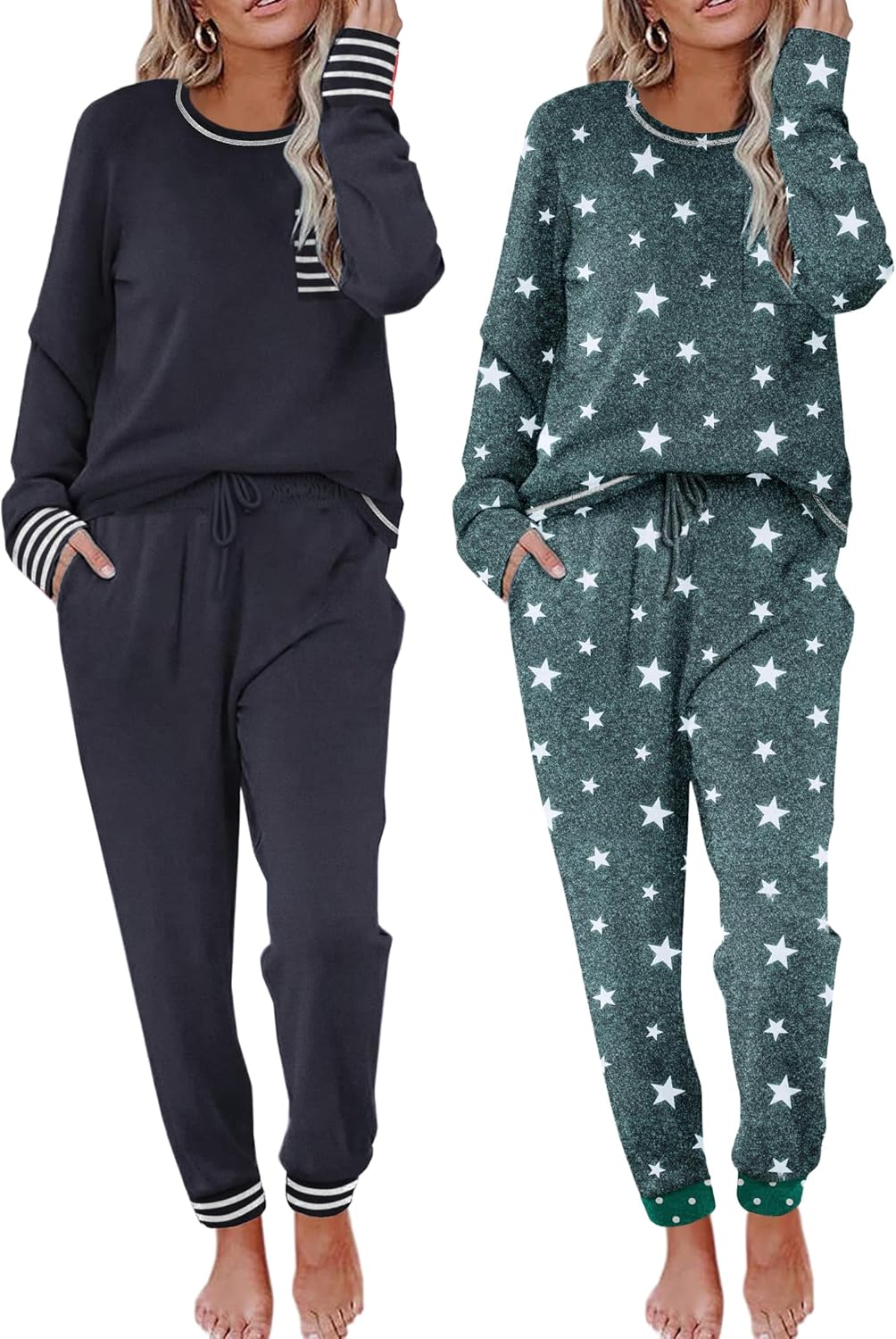 Ekouaer 2 Pack Womens Pajama Sets Long Sleeve Lounge Sets Soft Pj Sleepwear Loungewear