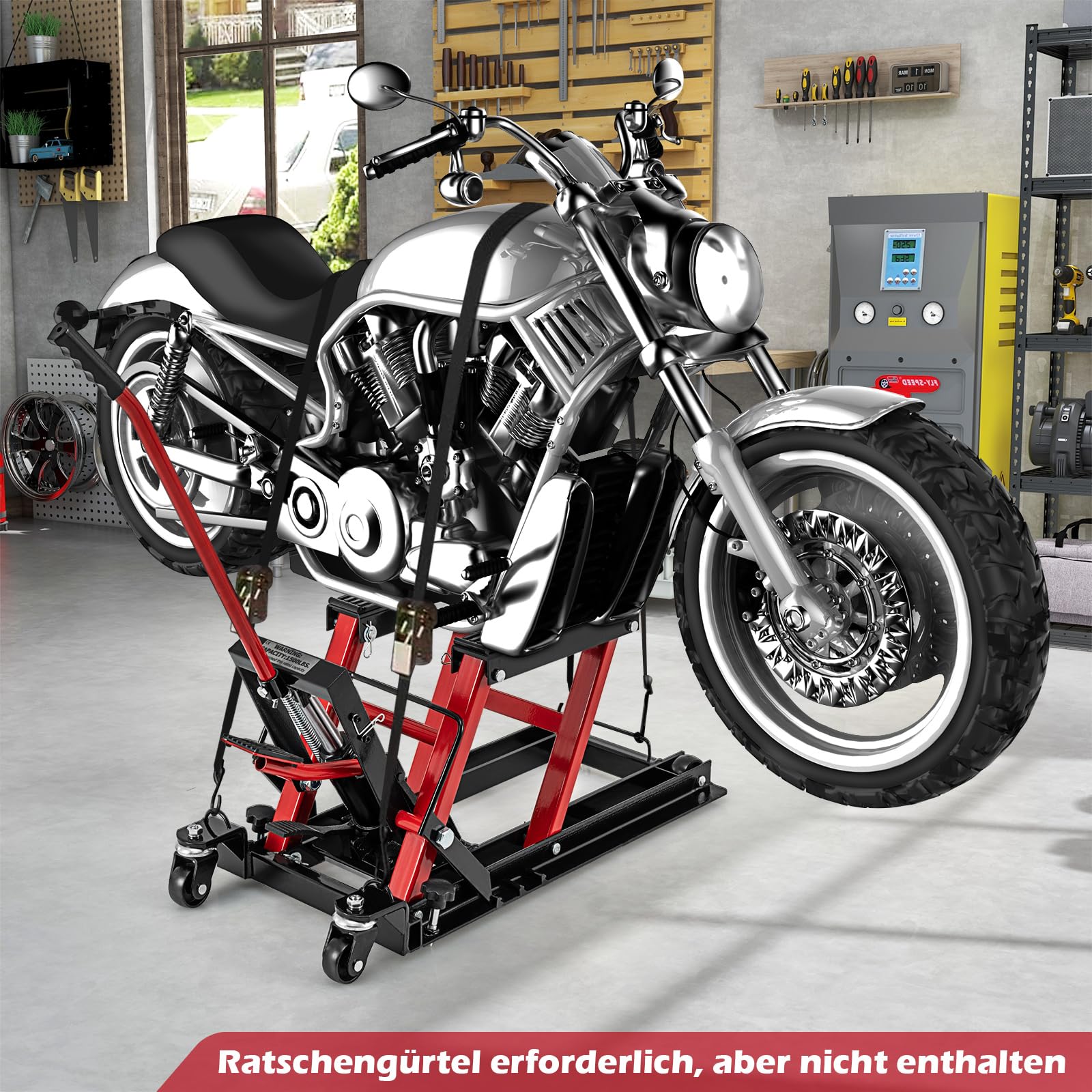 GYMAX Elevador de Motocicleta, Plataforma Elevadora con Capacidad de Carga de 680 Kg, Elevador Hidráulico Móvil con 4 Ruedas, Plataforma Antideslizante para Reparación, para Motocicletas (Rojo)