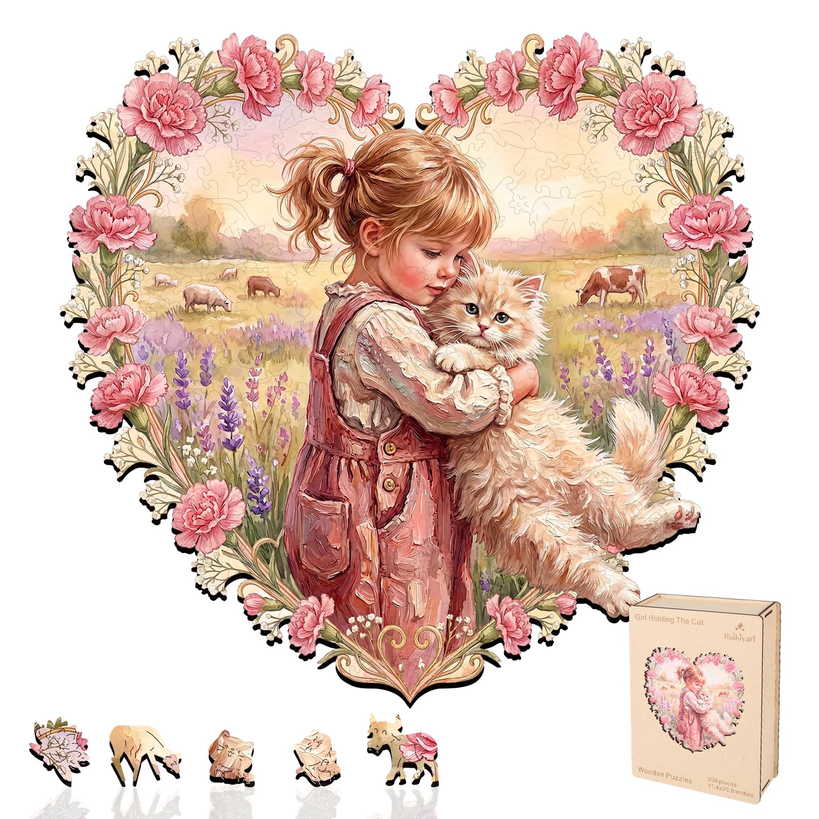 Ruikiyart Casse-tête en bois de 200 pièces en forme de cœur pour adultes, puzzle stimulant fille et chat avec pièces irrégulières uniques, parfait pour une soirée de jeu en famille, un anniversaire