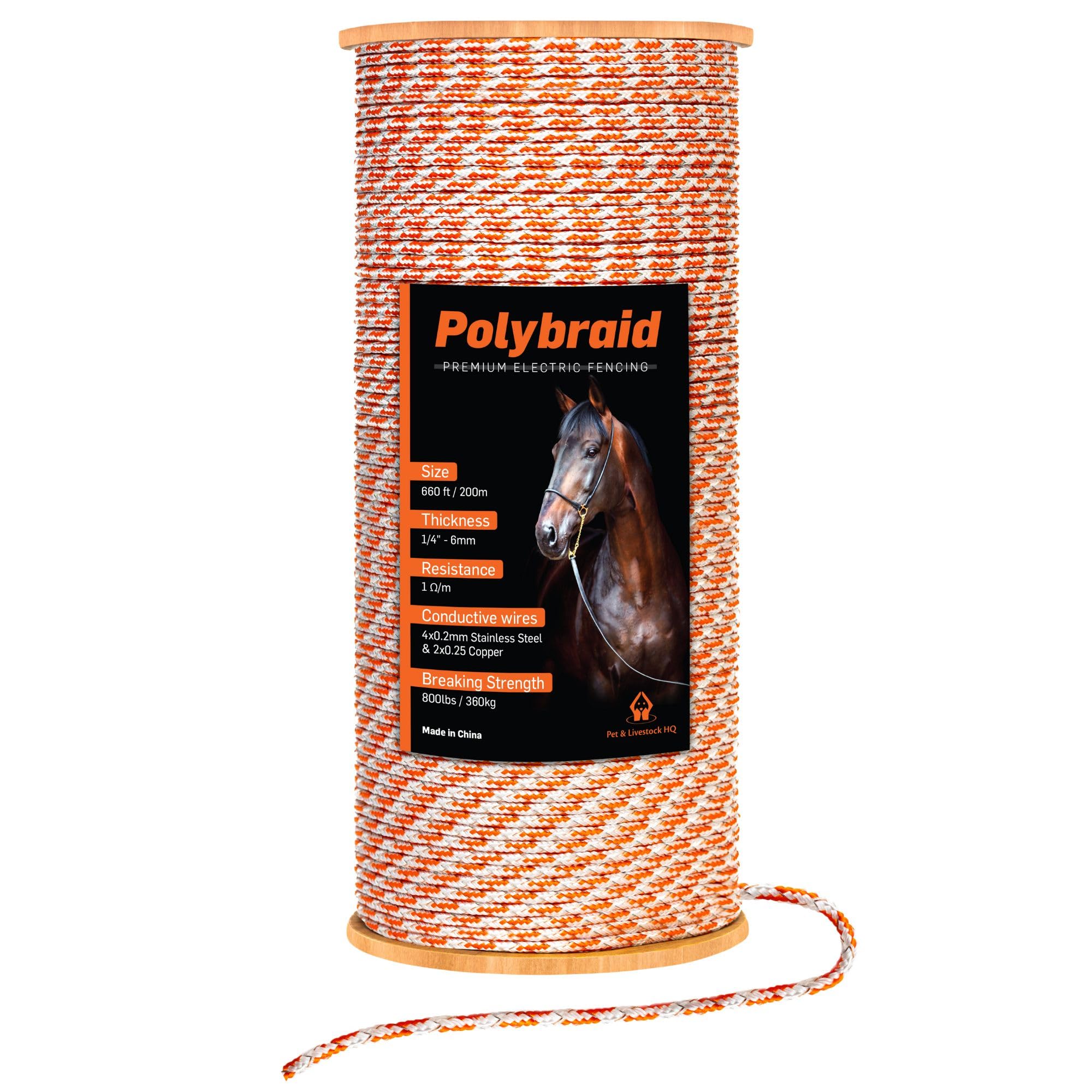 Valla eléctrica Polybraid de 6 mm, cuerda trenzada de alta resistencia para caballo, ganado, ganado, 6 conductores de cable: 2 x Cooper y 4 x acero inoxidable (660 pies/200 m)
