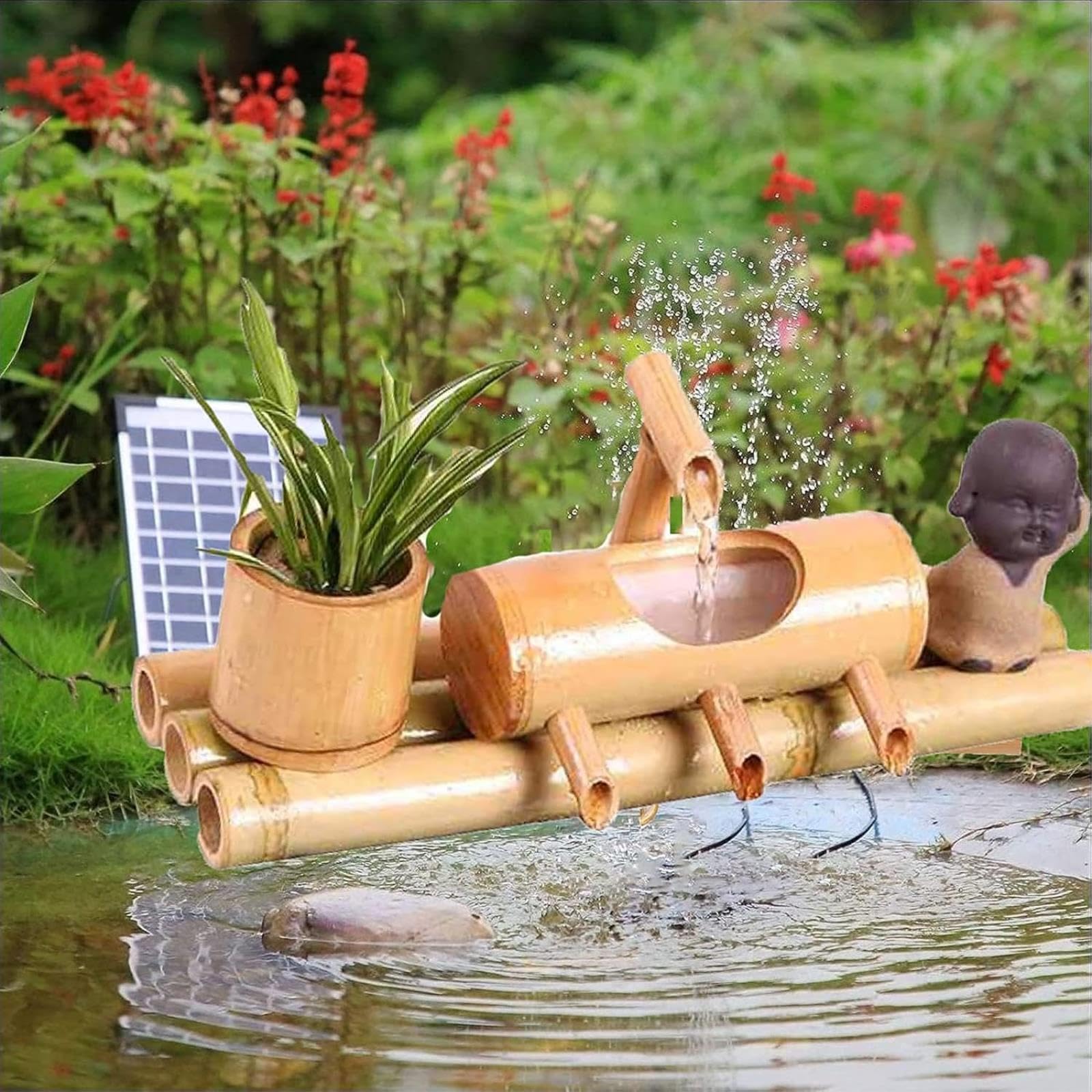Solarna, bambusowa fontanna wodna z pompką, dekoracja Zen Feng Shui, funkcja płynącej wody, do ogrodu, na patio, podwórko, 25 cm