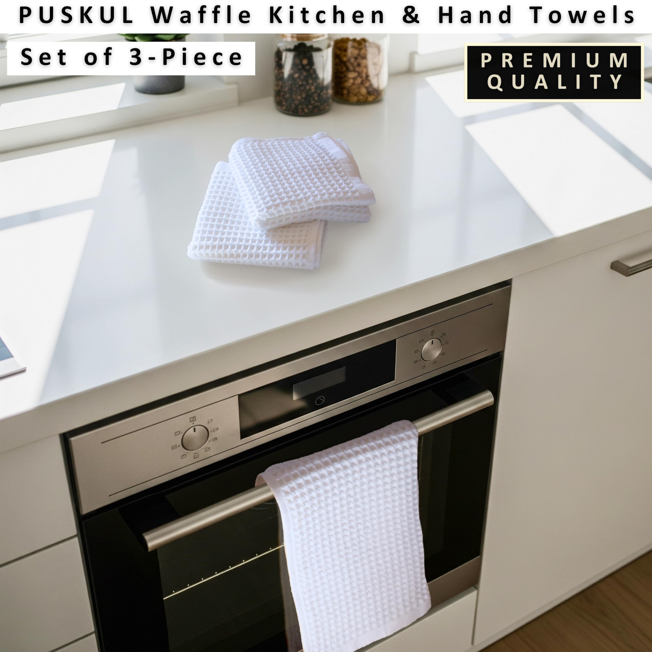 PÜSKÜL - Toallas de cocina de punto gofre, 3 piezas, 100% algodón orgánico turco de primera calidad, ultrasuaves, de secado rápido, absorbentes, sin pelusas, 32 x 16 pulgadas (blanco, 3)