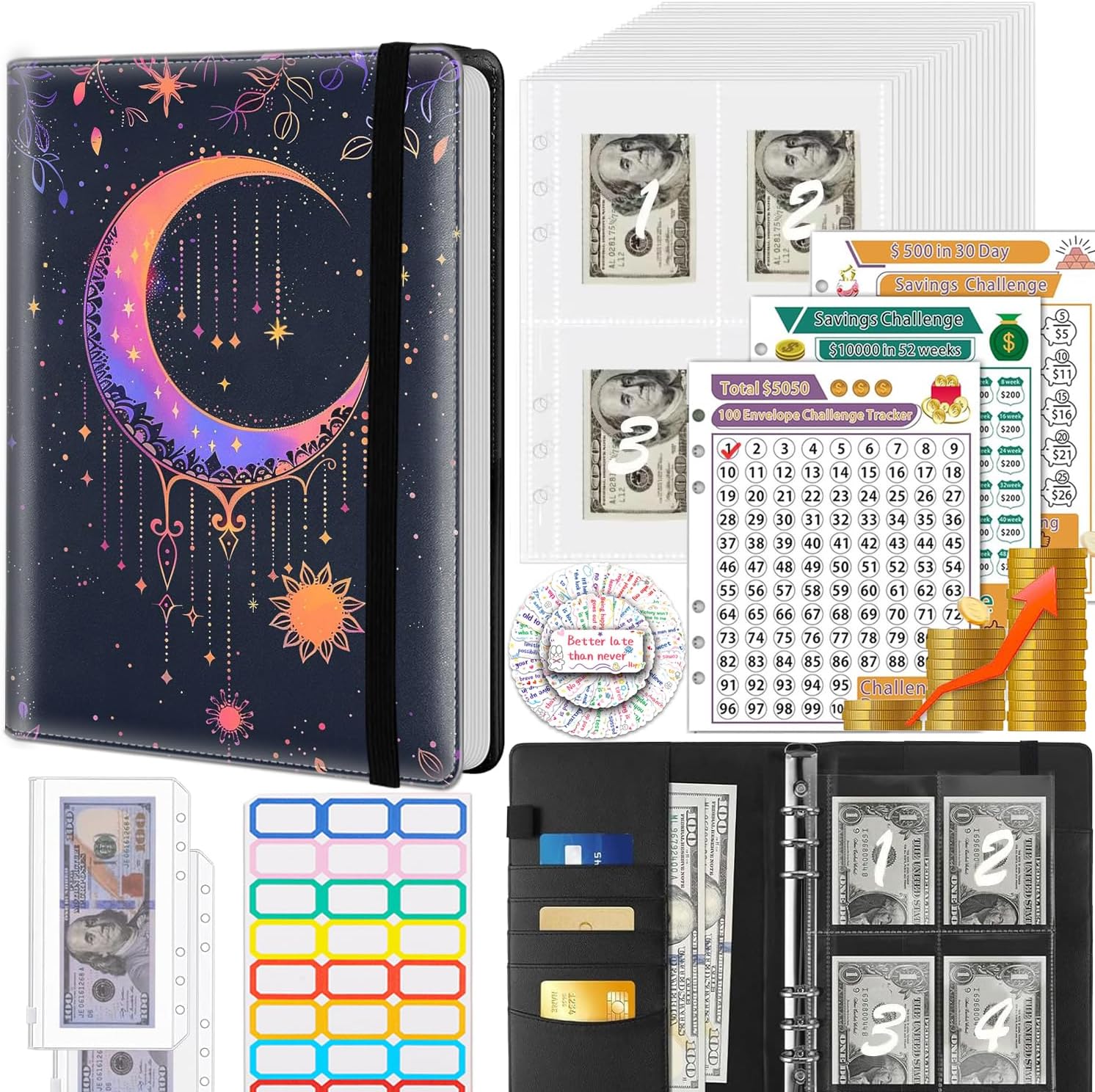 Money Saving Binder, 100 Envelopes Money Saving Challenge, Cash Envelopes Budget Binder & 3 Budgeting Planner Trackers, PU Leathers A5 Money Saving Planner Book, Sun and Moon