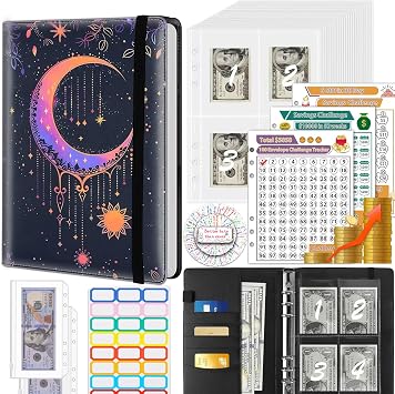 Money Saving Binder, 100 Envelopes Money Saving Challenge, Cash Envelopes Budget Binder & 3 Budgeting Planner Trackers, PU Leathers A5 Money Saving Planner Book, Sun and Moon