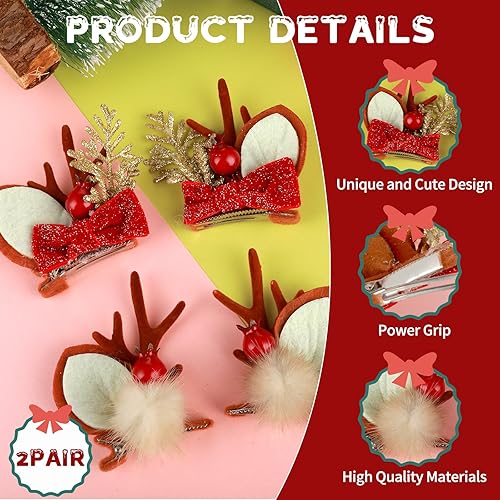 Miniatura 4 de Pinzas para el cabello de Navidad, 4 piezas de accesorios para el cabello de Navidad, lindos cuernos de reno, diadema para orejas, accesorio para el