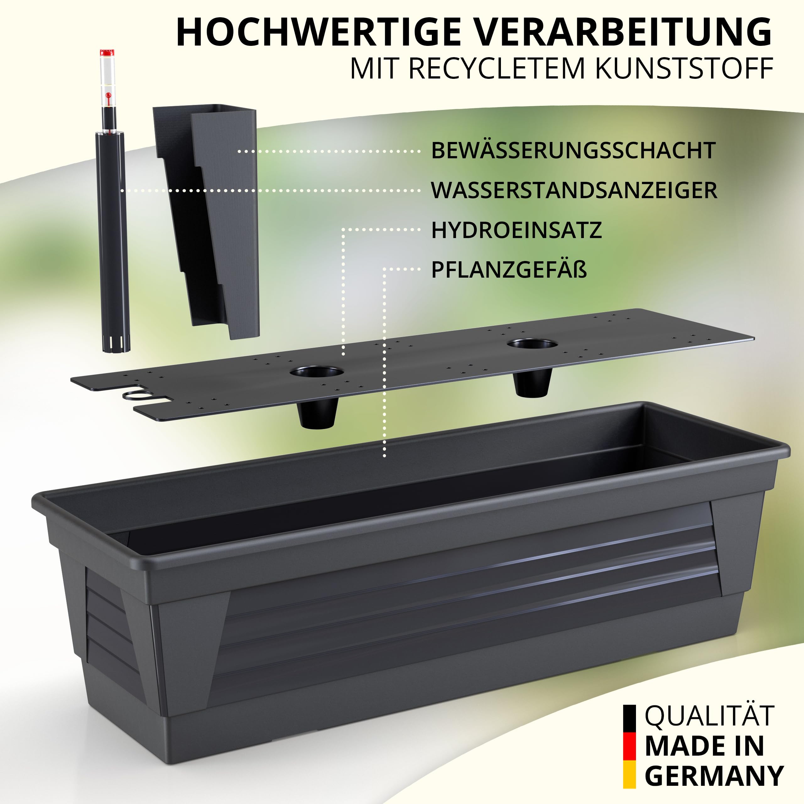 Plastard Blumenkasten 100 cm Anthrazit mit Hydroeinsatz, Wasserstandsanzeiger und Metallhalterung – selbstbewässernder Pflanzkasten, Balkonkasten, robust & witterungsbeständig