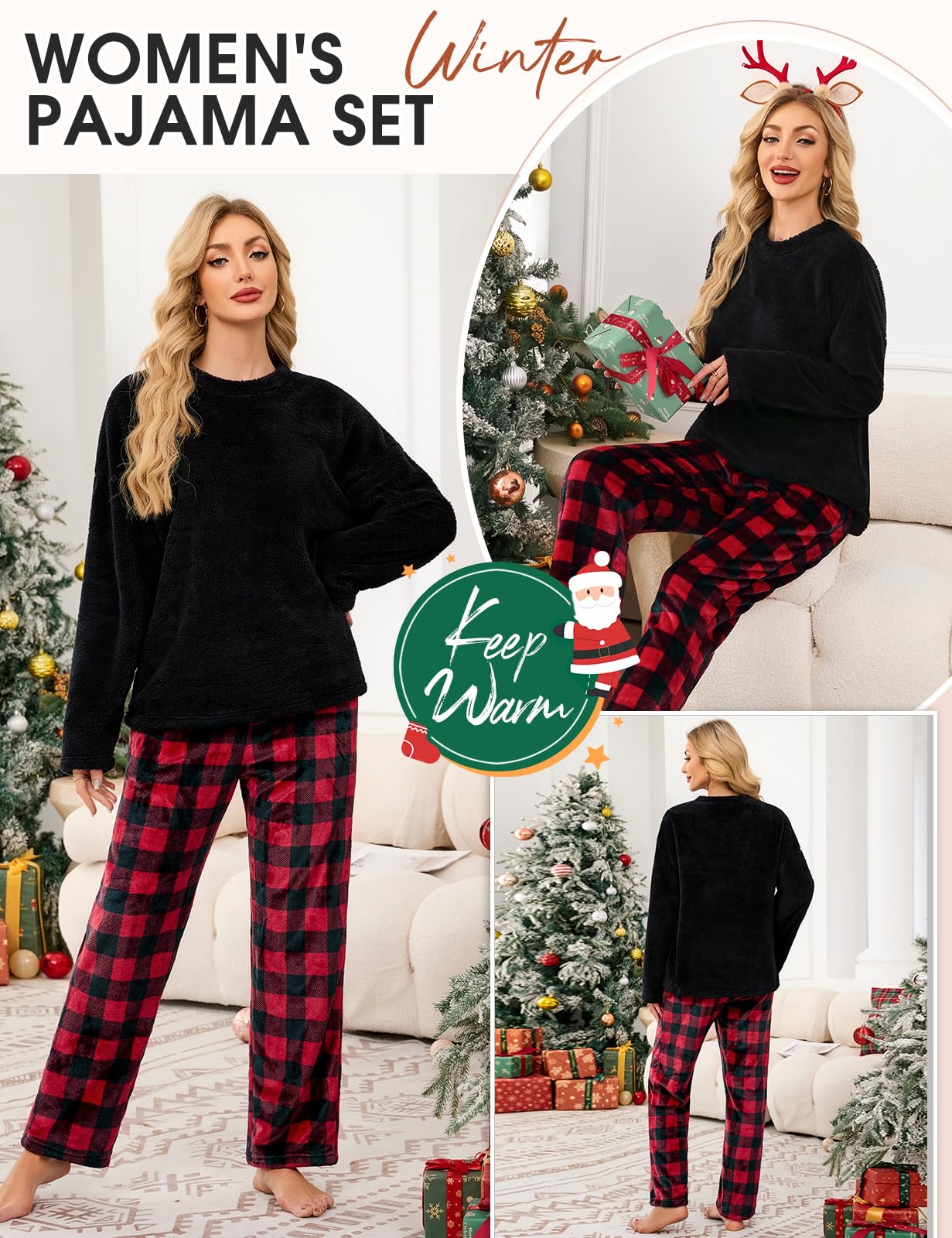Niwicee Pigiama Invernale Pigiami Due Pezzi da Donna Pile Set Invernale in Velluto Felpa Pigiama Natalizio Morbido Lounge Nightwear per Inverno con Felpa e Pantaloni
