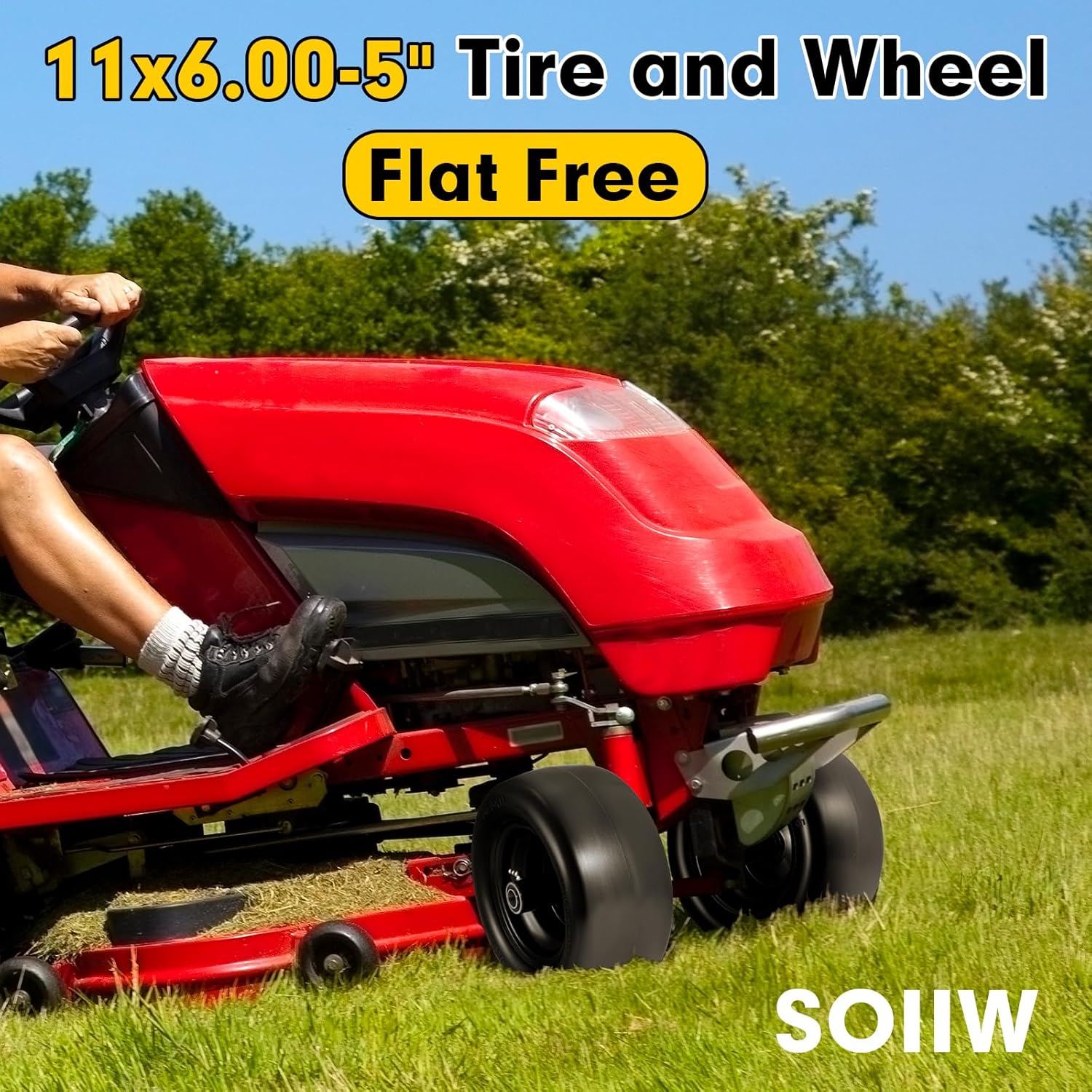 11x6.00-5" Lawn Mower Tire on Wheel Flat Free 2 PCS with 3/4" or 5/8" & 1/2" Bearings, Solid Mower Wheel, 6" - 8" Centered Hub Load 400lbs for Residential and Commercial Zero Turn Mower Tires