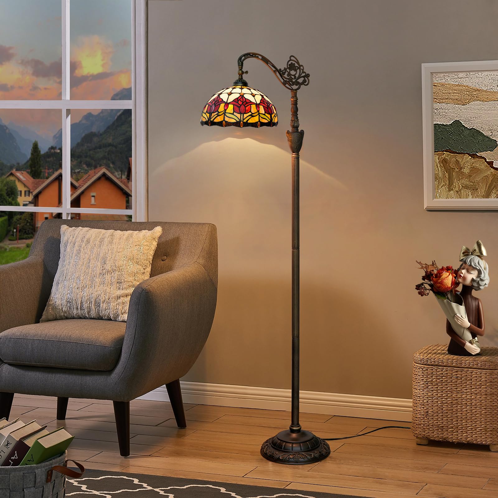 Lampa podłogowa Tiffany Vintage Stojąca lampa w stylu czerwonych tulipanów Witrażowa lampa podłogowa Rustykalna lampa podłogowa z regulowanym kątem nachylenia do dekoracji wnętrz Salon Sypialnia