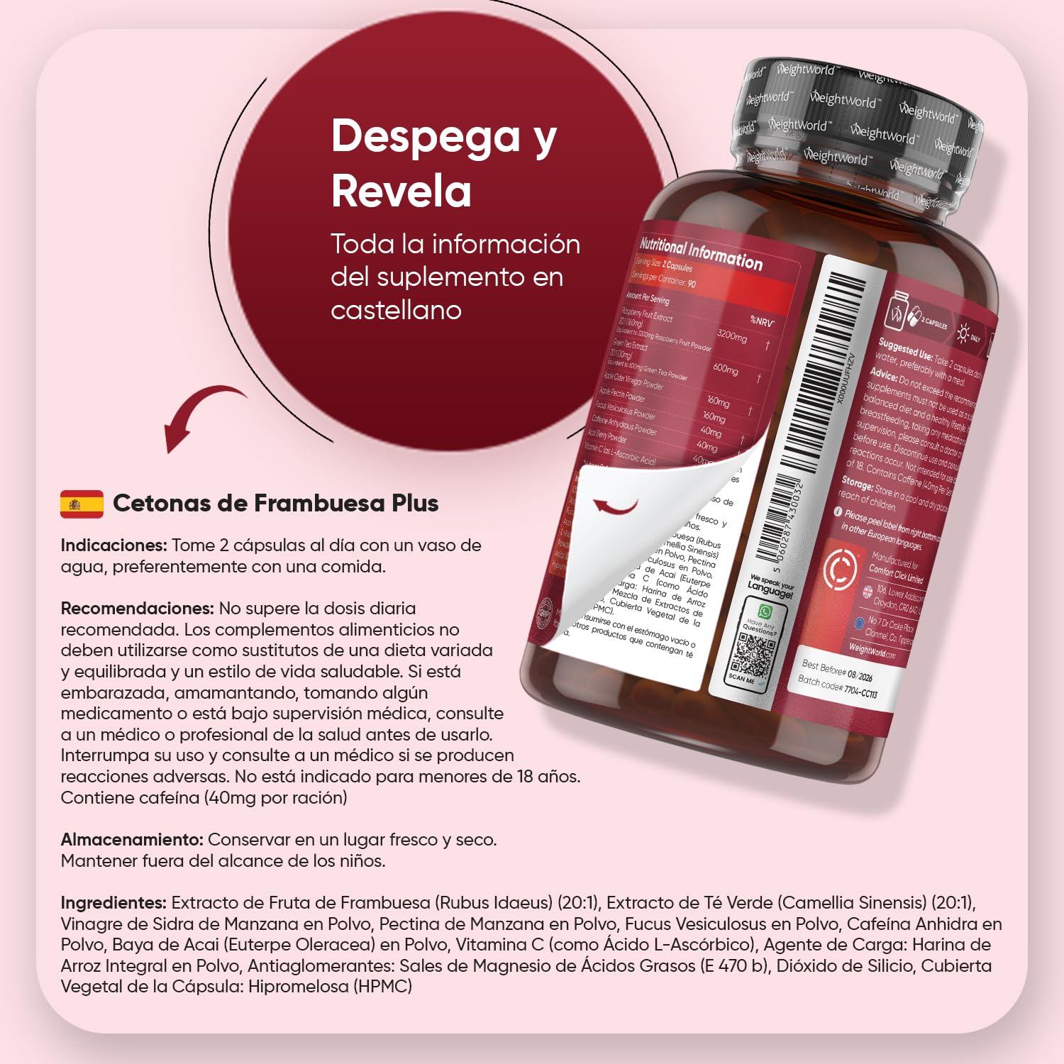 Cetonas de Frambuesa Plus 4280mg, 180 Cápsulas Veganas, 3 Meses de Suministro - Con Vinagre de Sidra de Manzana, Té Verde, Baya de Acai en Polvo, Pectina de Manzana, Vitamina C y Más, Sin Gluten