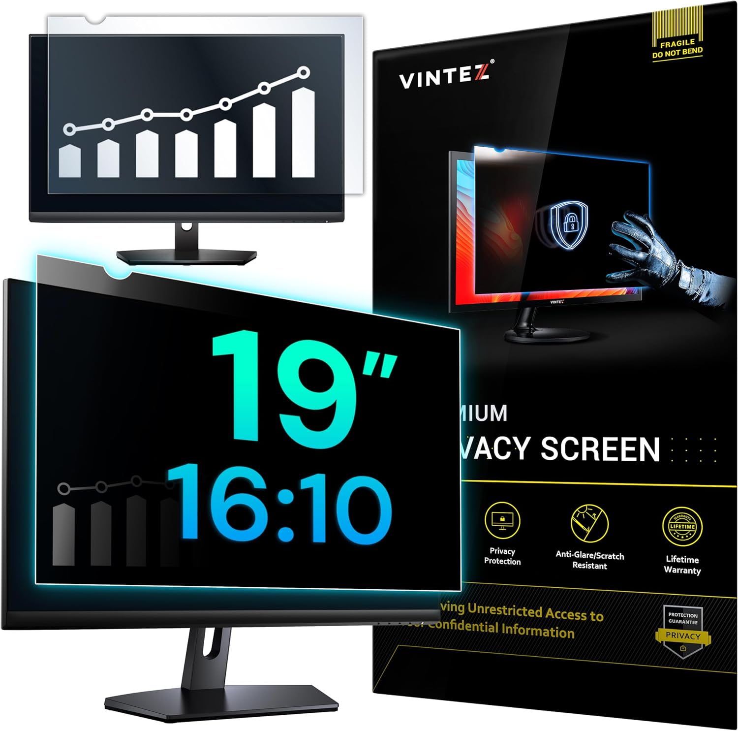 VINTEZ 19 Inch 16:10 Privacy Screen for Computer Monitor and Laptop - Anti Glare Protector Film Blue Light Filter Eye Protection - Computer Screen Privacy Shield, [1 Pack]