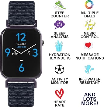 Tikkers Kids Series 13 Smart Watch with Fitness Tracker, Alarm Clock, Camera, GPS Connection, Heart Rate Monitor, Step Counter, Touch Screen, Navy Riptape Strap