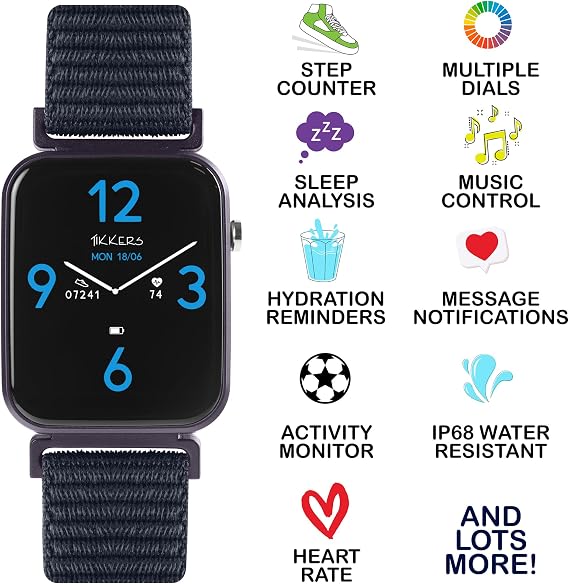 Tikkers Kids Series 13 Smart Watch with Fitness Tracker, Alarm Clock, Camera, GPS Connection, Heart Rate Monitor, Step Counter, Touch Screen, Navy Riptape Strap