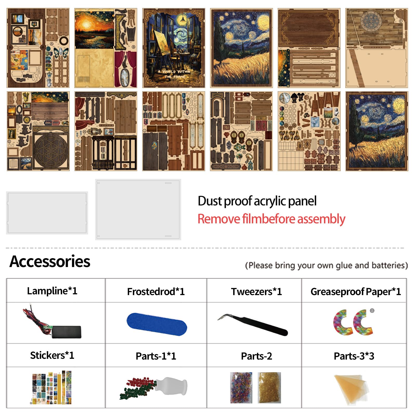 Kit fai da te, 344 puzzle in legno 3D, in miniatura, libreria, decorazione con lampada a LED, set fai da te per adulti, casa delle bambole fai da te (mondo nella cornice)
