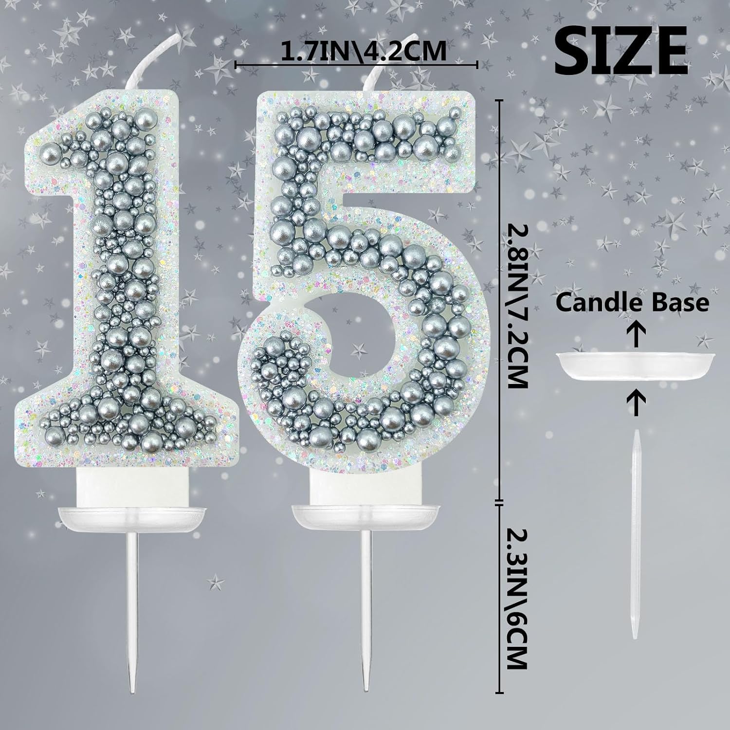 15 Birthday Number Candle for Cake, Glitter Number Candle with Silver Beads, Decorative Cake Topper for Milestone Celebrations image 2