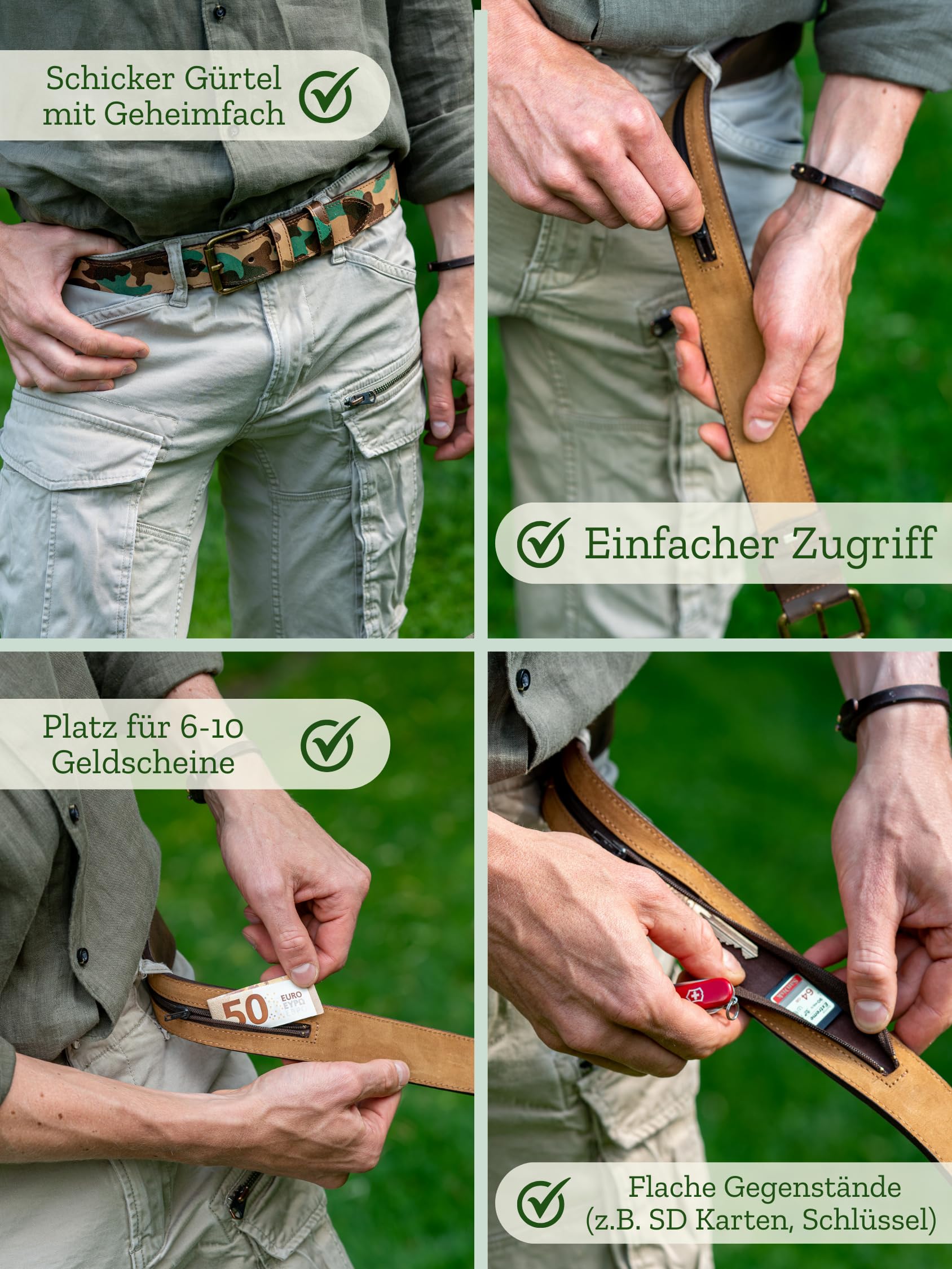 Premium Geldgürtel Leder Herren, Reise-Gürtel mit Geheimfach