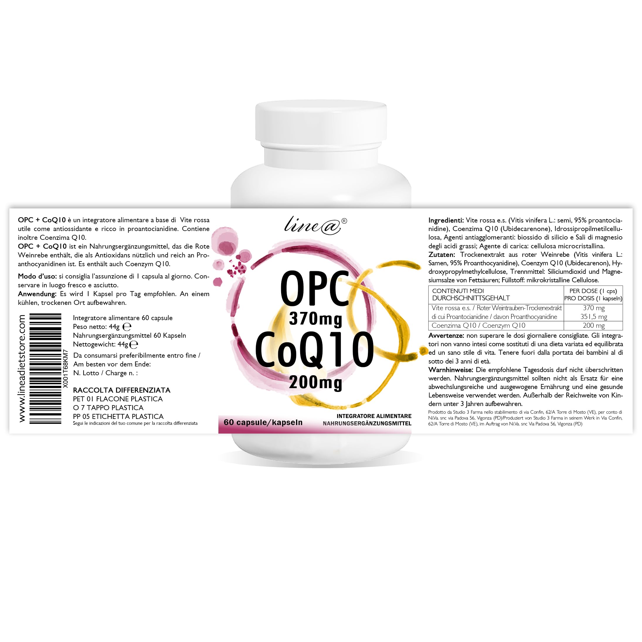OPC e CoQ10 Line@ | Potente ANTIOSSIDANTE 2 in 1 | E.s. di VITE ROSSA 370mg e COENZIMA Q10 200mg | 60 capsule | 2 MESI