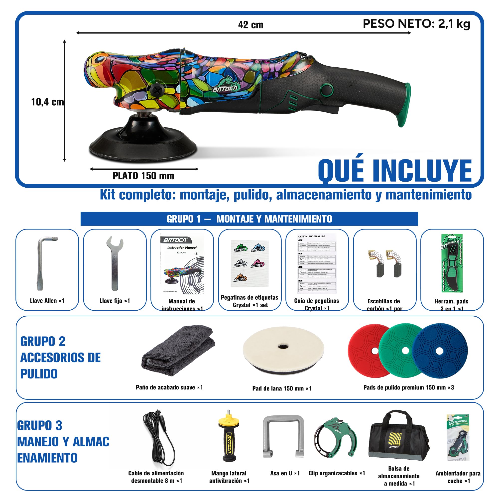 BATOCA P2 Set Pulidora 1000W Alto Par, Rotativa 150mm Heavy-Duty Corrección de Pintura Profunda, Clip para Cable & Herramienta Pad 3-en-1, Cable Extraíble 8m, 1000-3800 rpm, Barco, Caravana, Coche