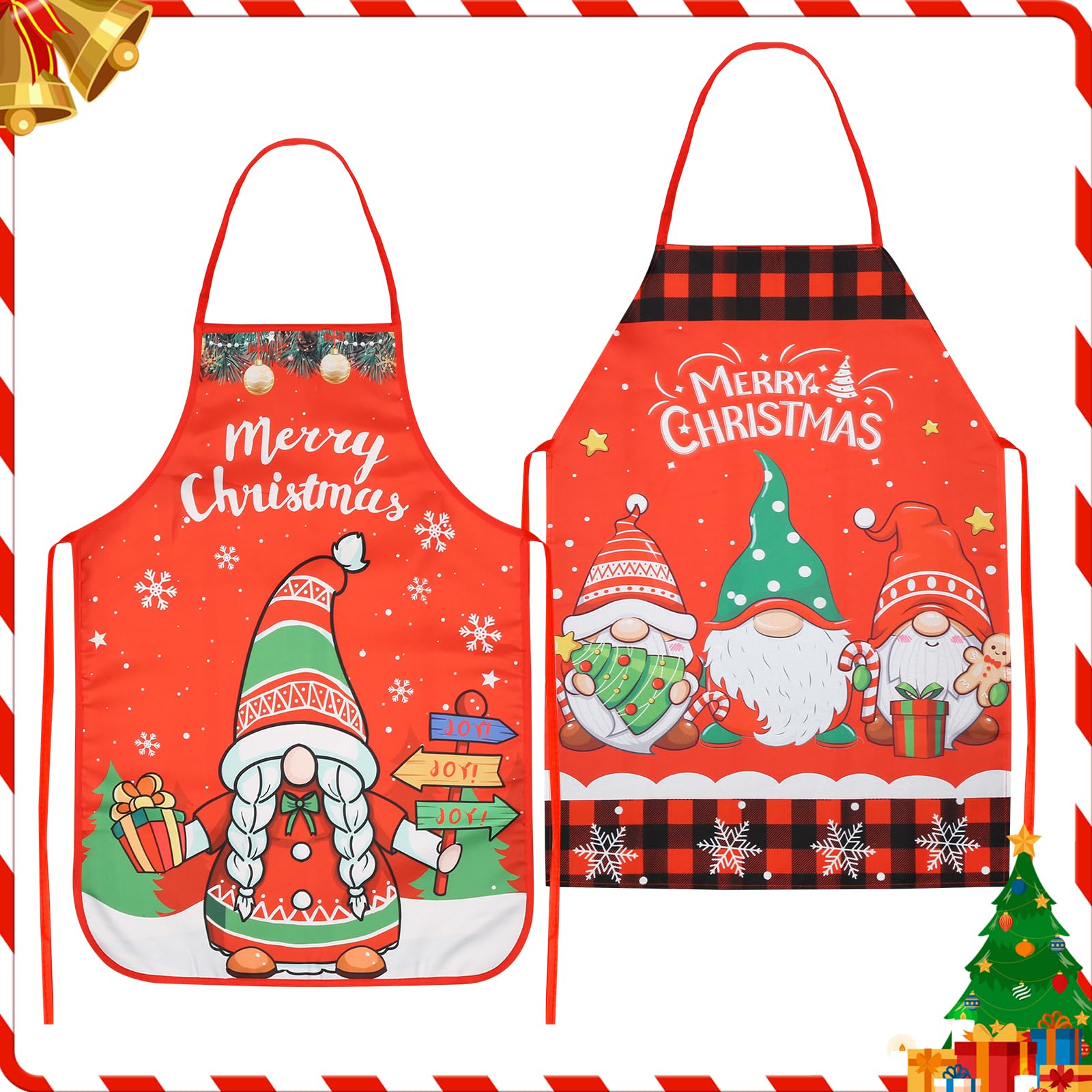 MONCAP 2 delantales navideños de cocina de 50 x 70 cm, delantales navideños con gnomos y gnomos para mujer y hombre, delantales navideños rojos divertidos, para barbacoa, casa, cocina, fiesta de