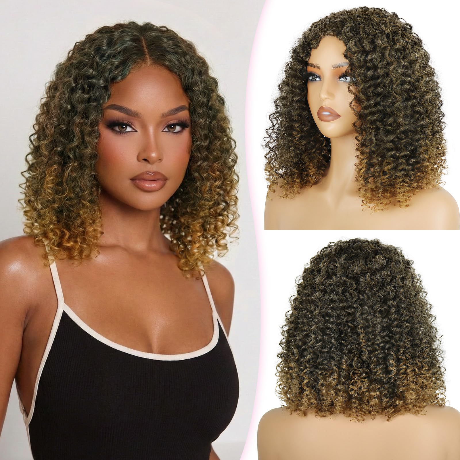 SISICLOUD Omber Dark Brown Curly Wigs for Black Women 12 Inch Glueless Synthetic Lace Front Wig with Middle Part Pre Cut Lace Hairline for Daily Use